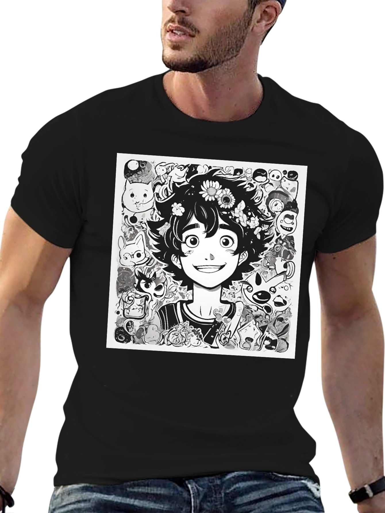 Anime Character Graphic Print Black Tee - 6