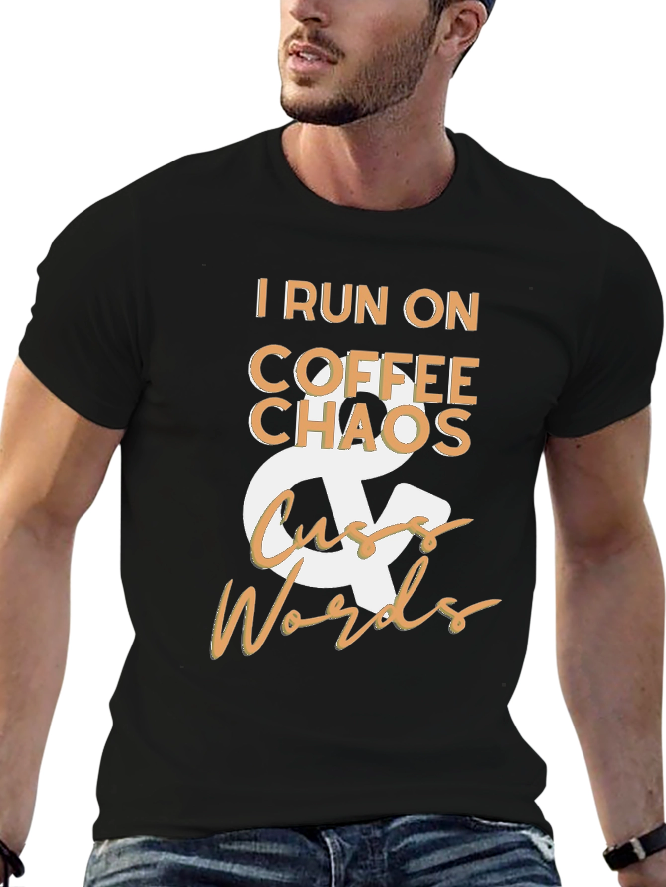 Black I Run On Coffee Chaos & Cuss Words Black T-Shirt view 6
