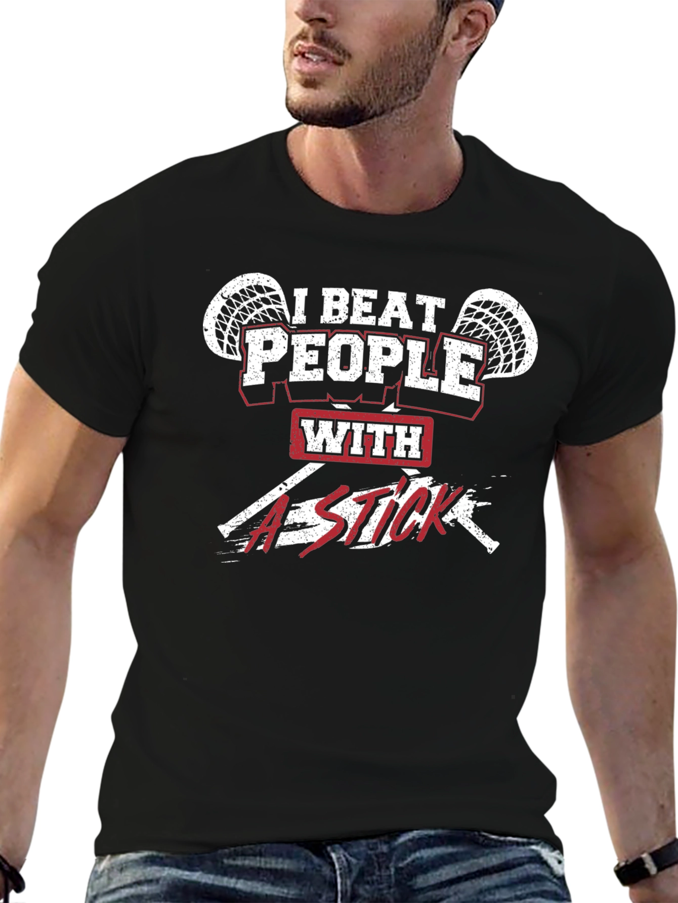 Black I Beat People With A Stick Black Graphic T-Shirt view 6
