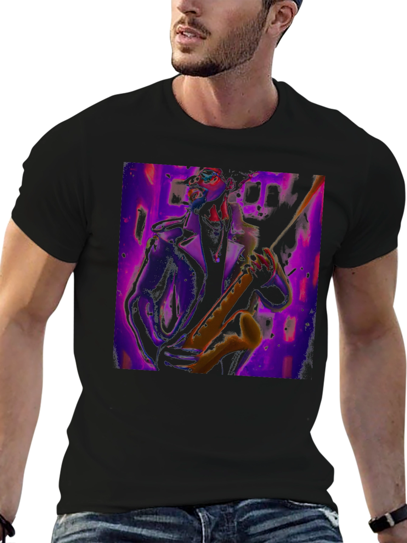 Black Jazz Saxophone Player Graphic Tee view 6