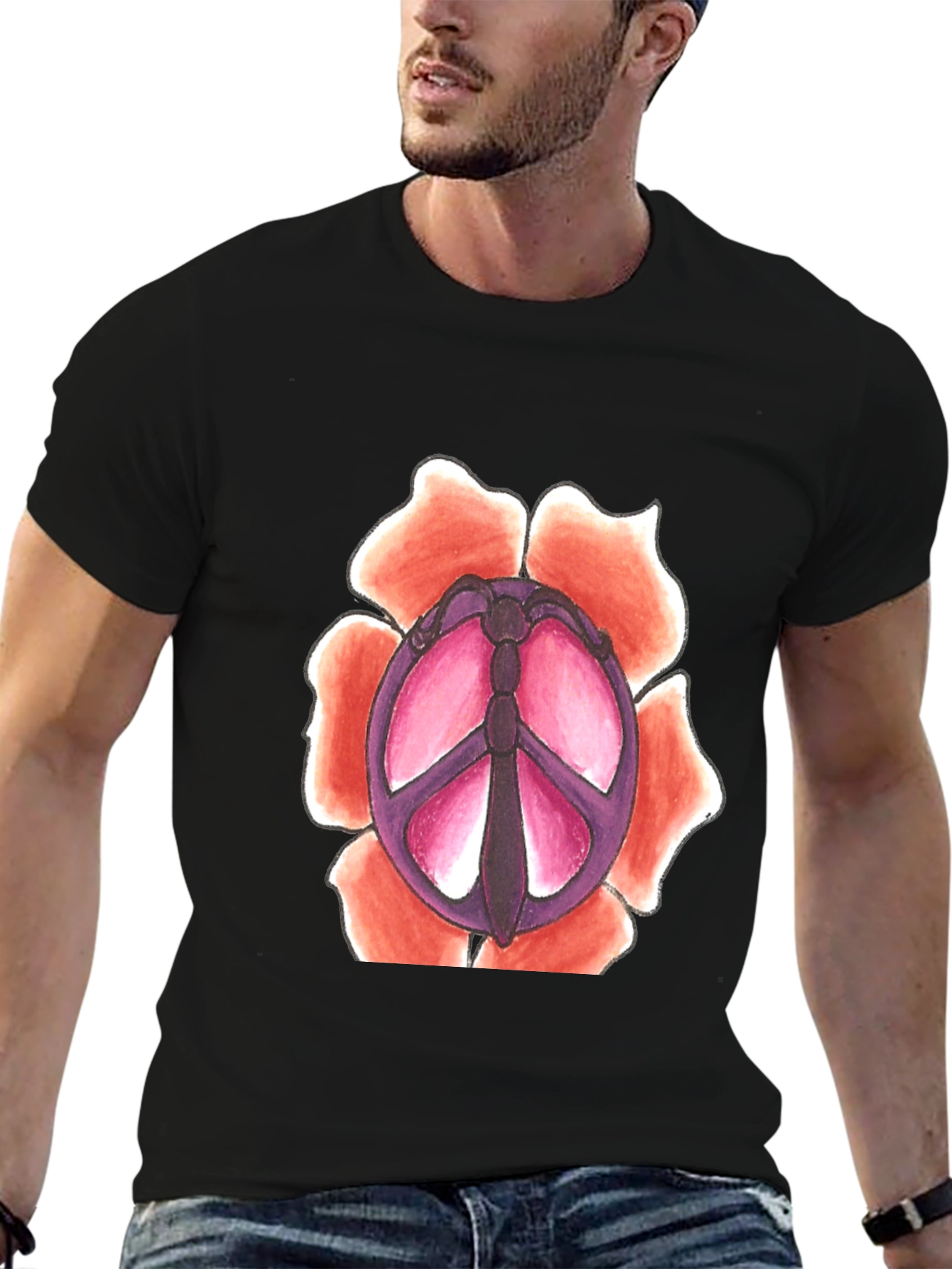 Black Peace Sign Flower Graphic T-Shirt view 6