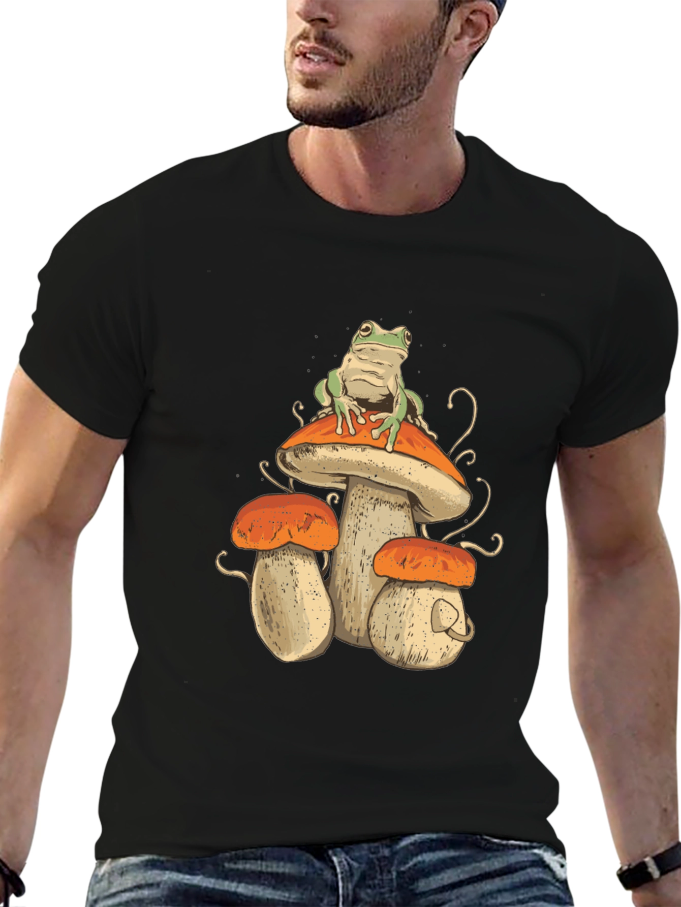 Black Frog on Mushroom T-Shirt - Unique Graphic Tee view 6