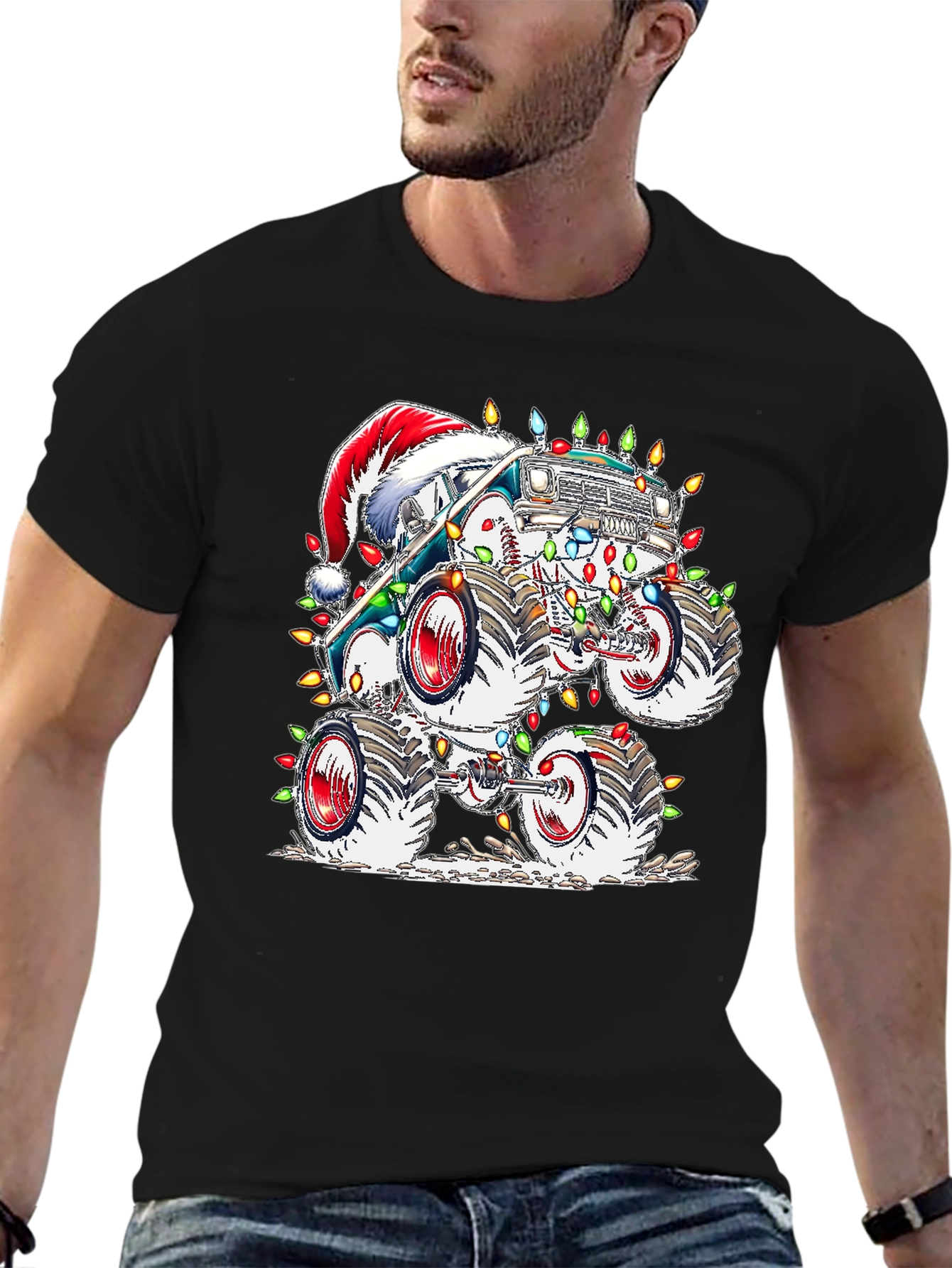 Black Festive Monster Truck Christmas T-Shirt view 6