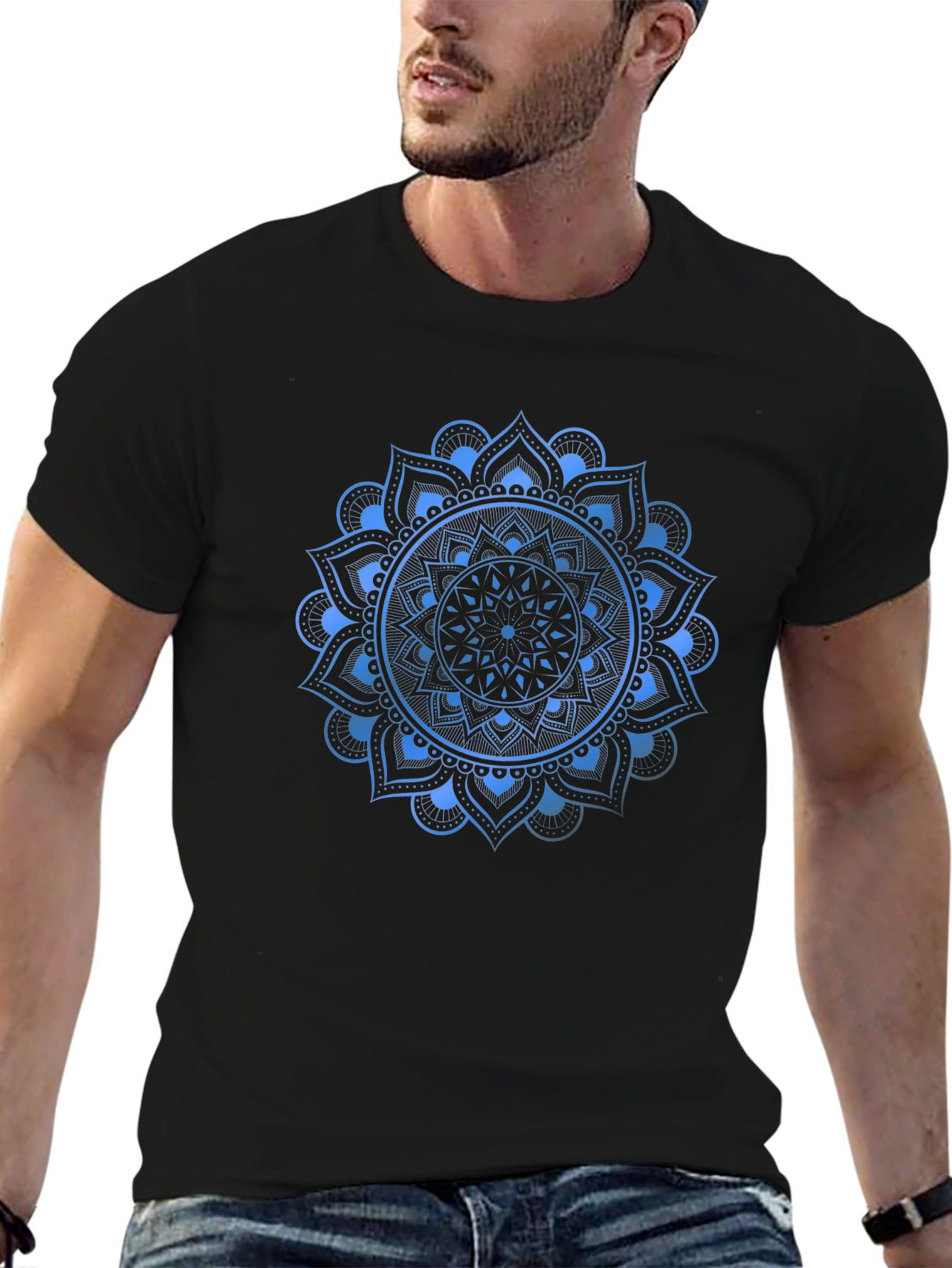 Black Blue Mandala Graphic Print Black T-Shirt view 6