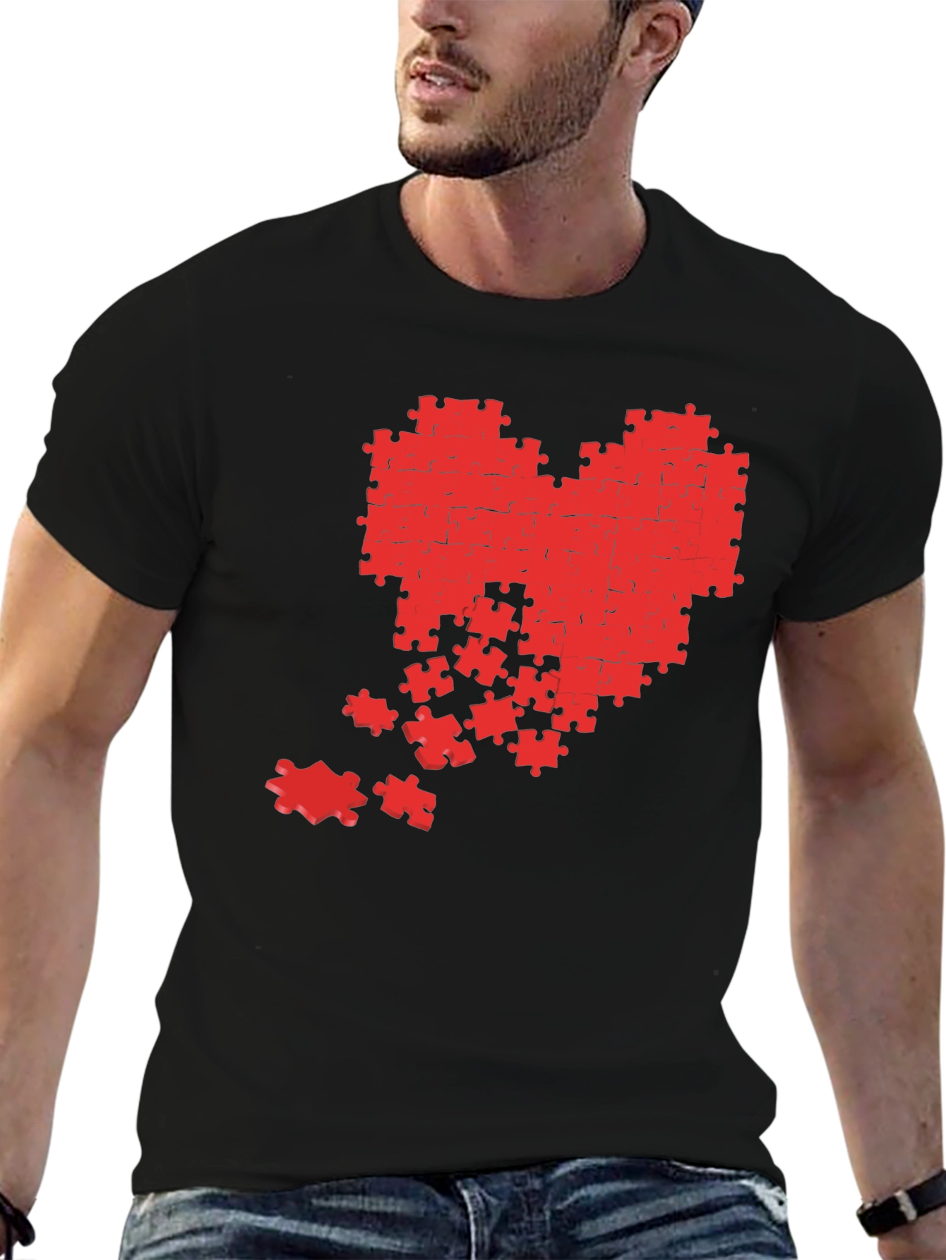 Black Puzzle Heart Graphic Tee - Black Cotton Casual Shirt view 6