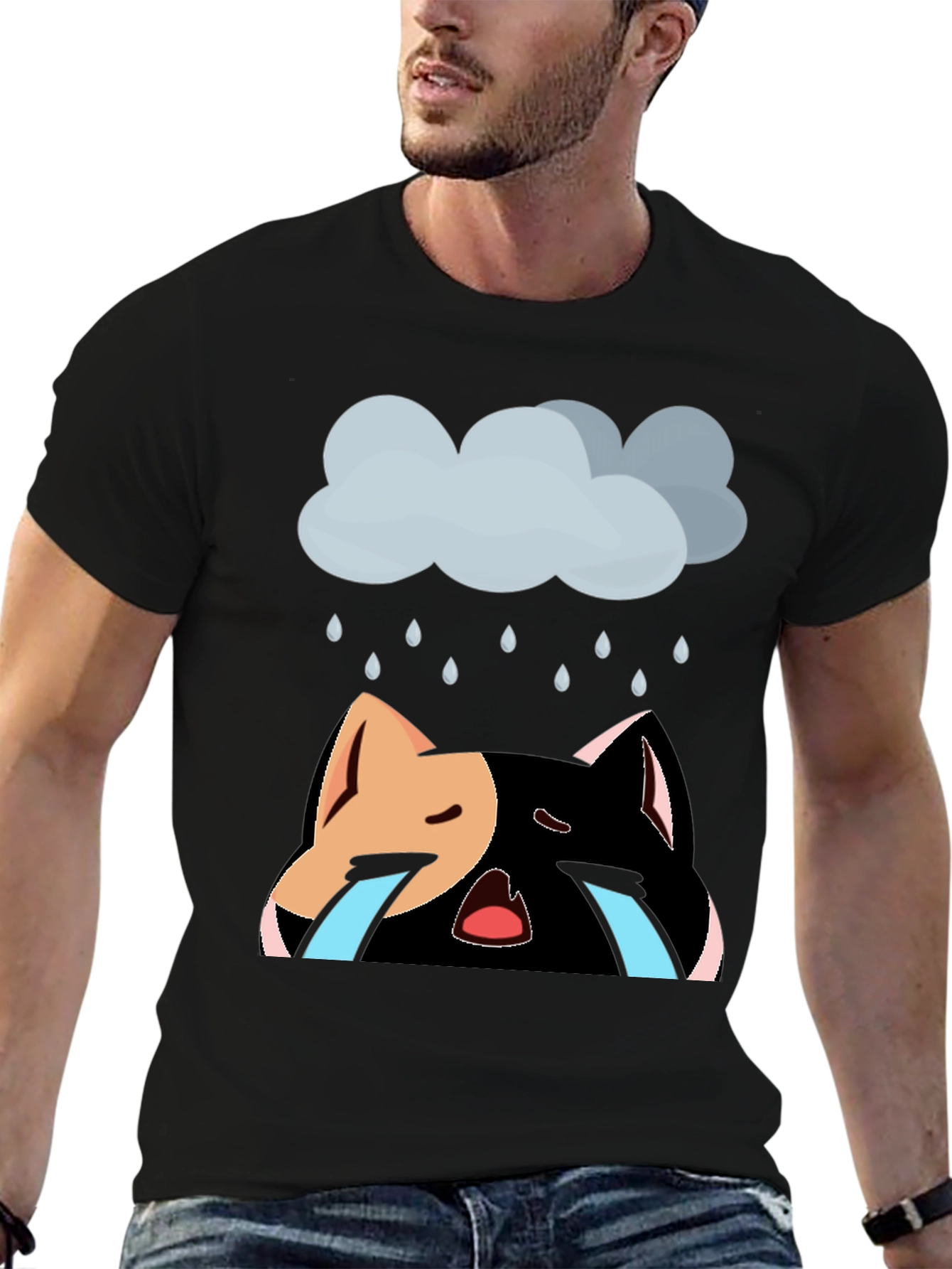 Black Sad Cat T-Shirt - Unisex Black Cotton Blend view 6