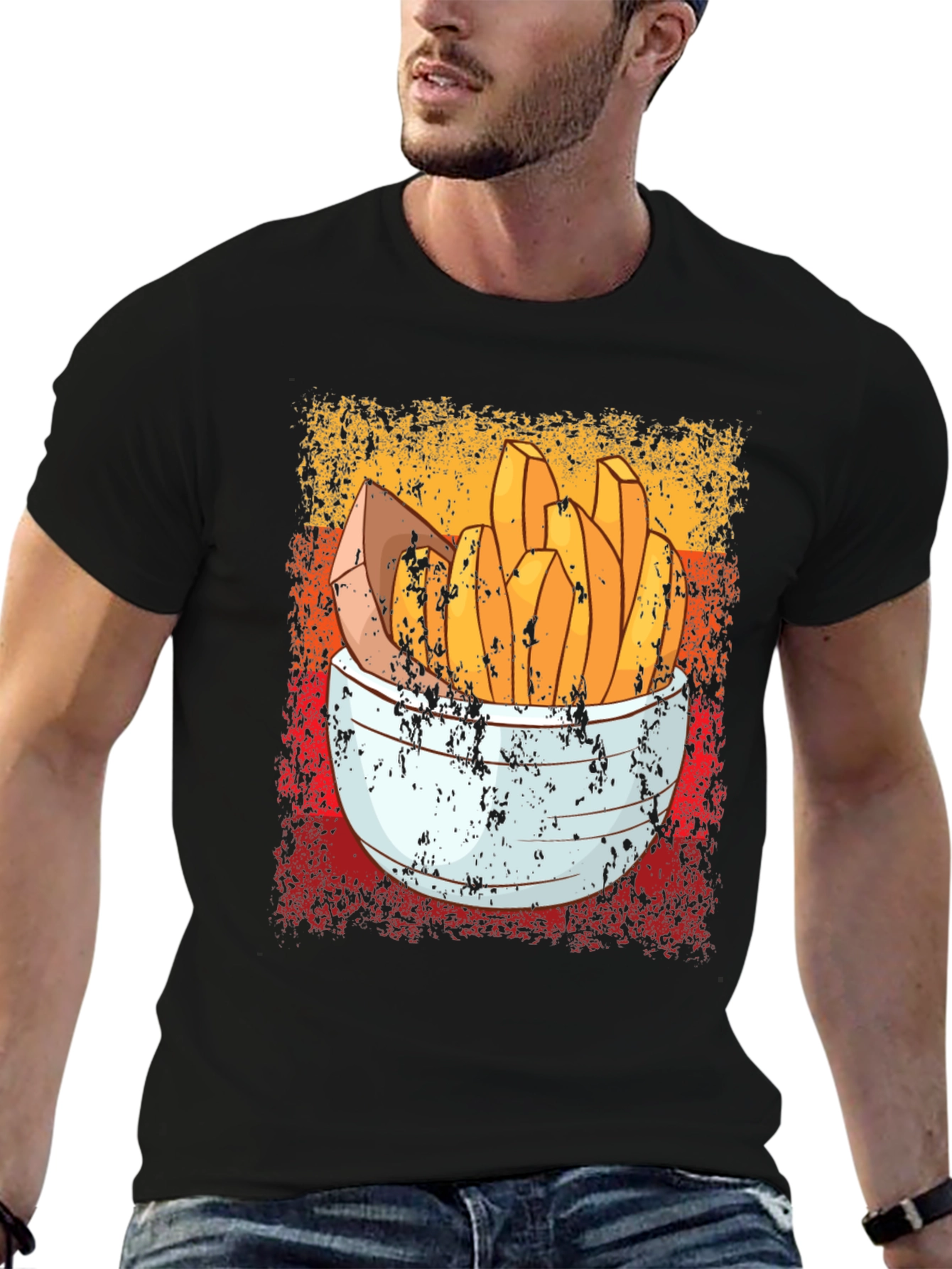 Black Retro French Fries T-Shirt - Vintage Style Food Tee view 6
