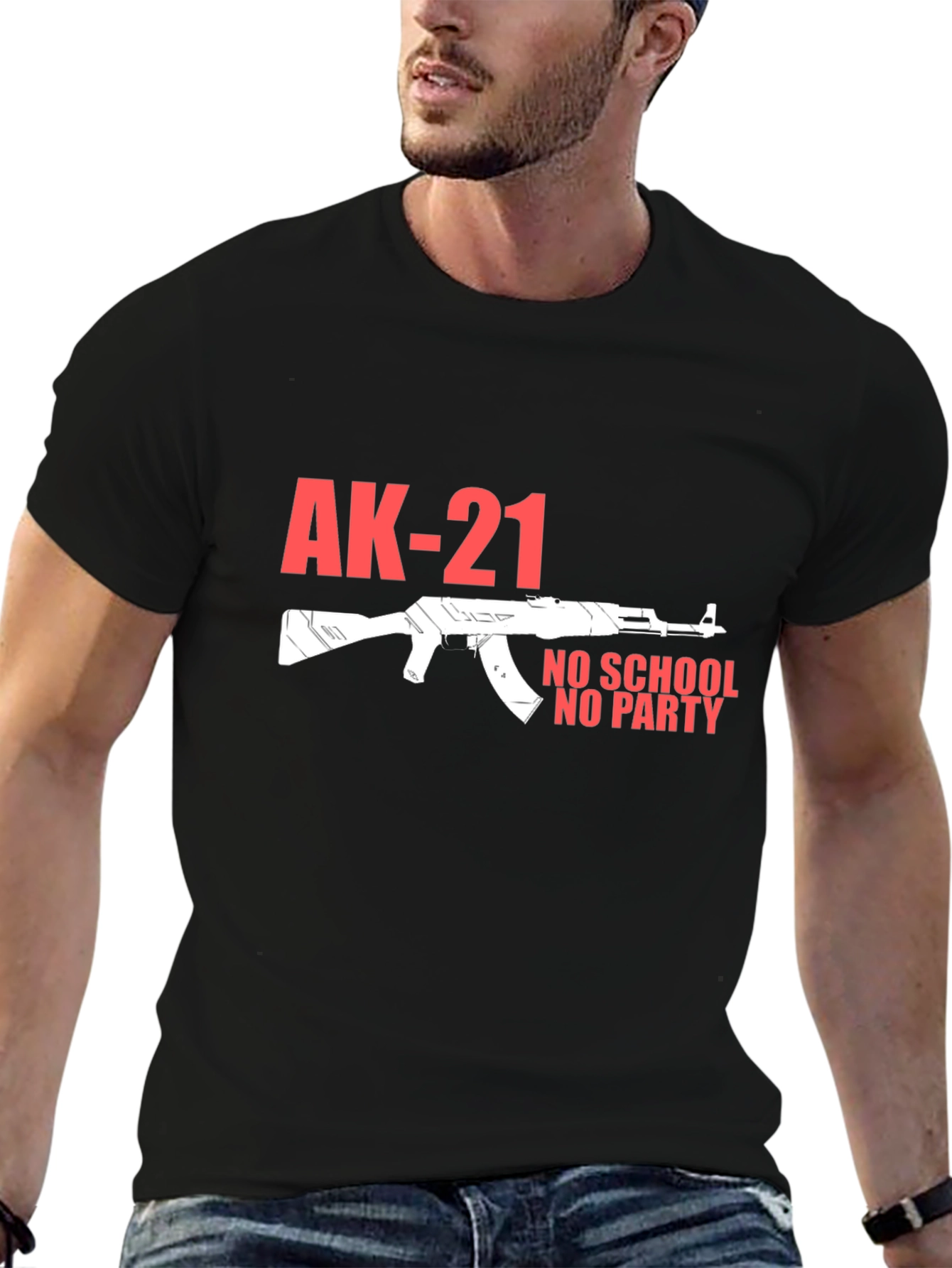 Black AK-21 No School No Party Black T-Shirt view 6