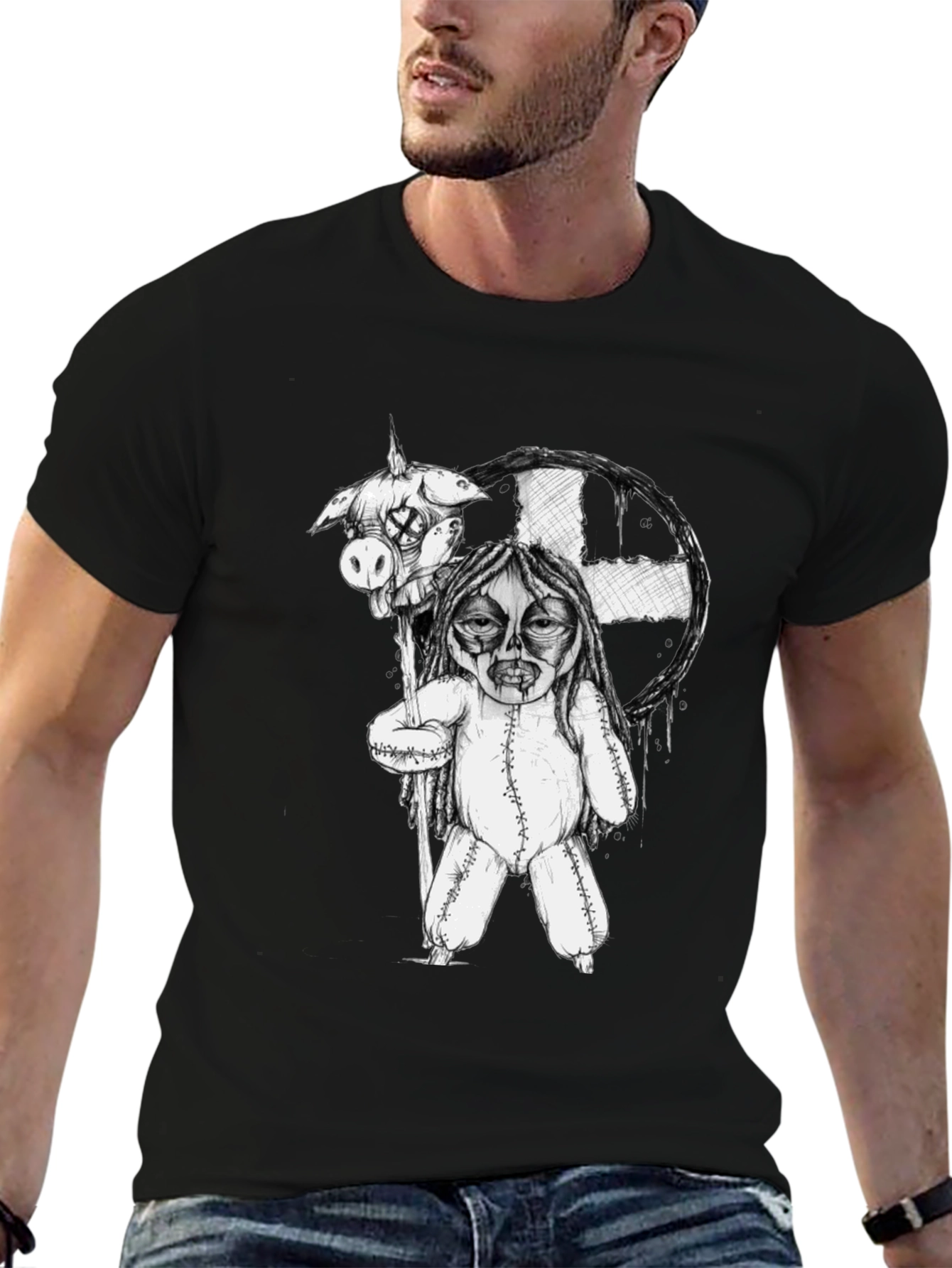 Black Creepy Doll Graphic Tee - Unique Horror Shirt view 6