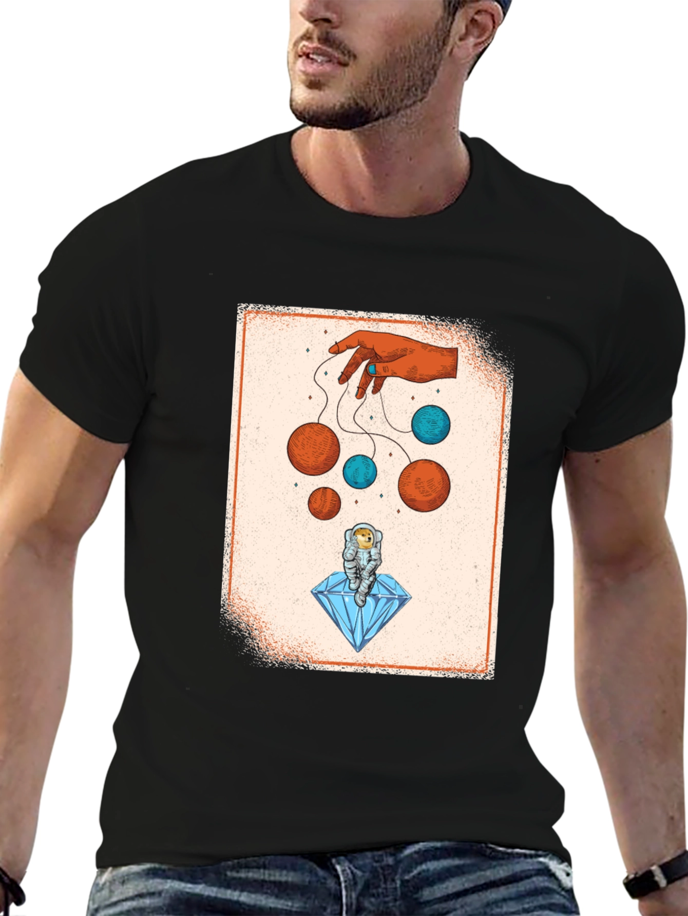 Black Astronaut on Diamond T-Shirt - Cosmic Puppet Master Design view 6