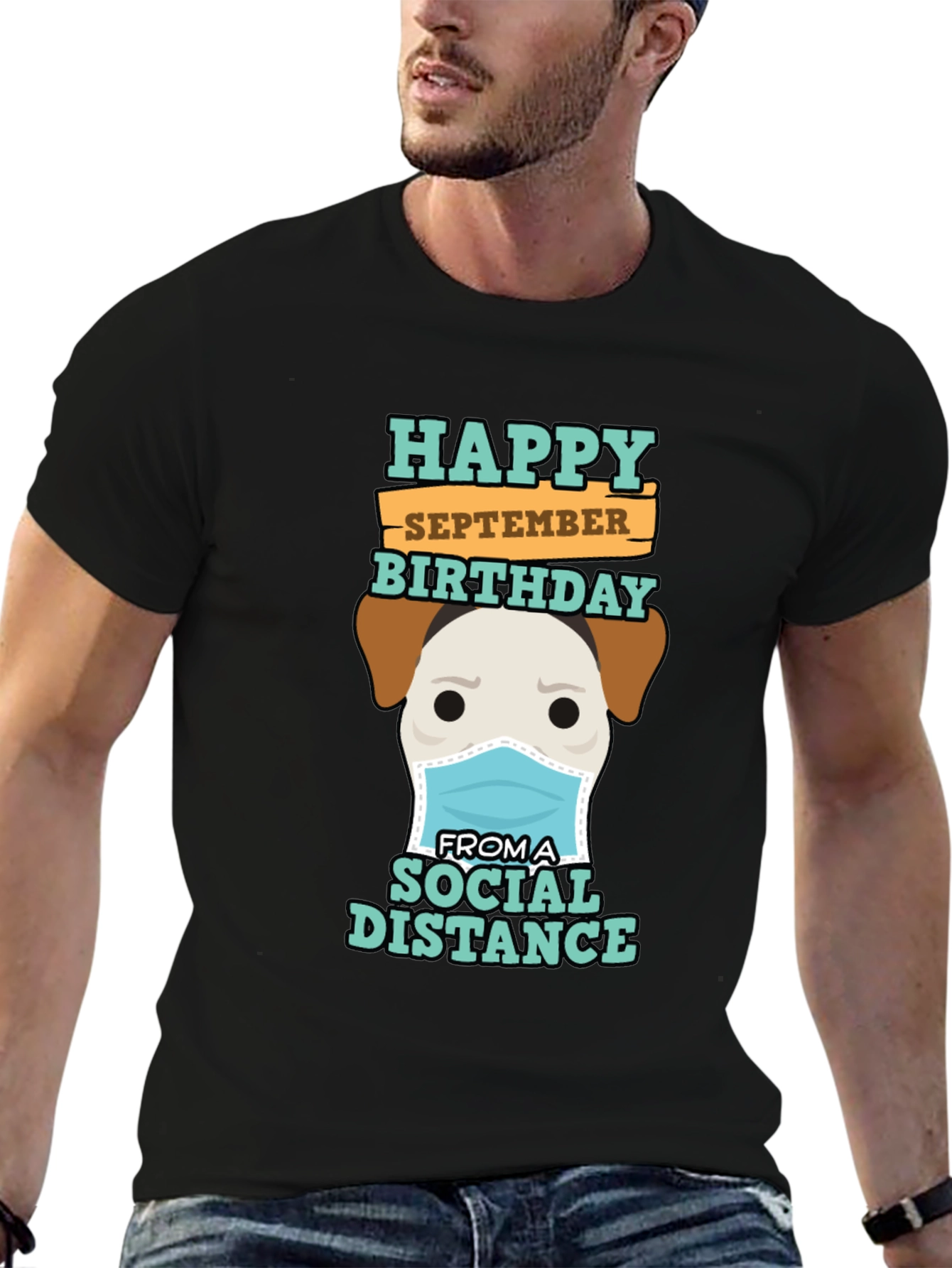 Black Funny September Birthday Social Distance Dog T-Shirt view 6