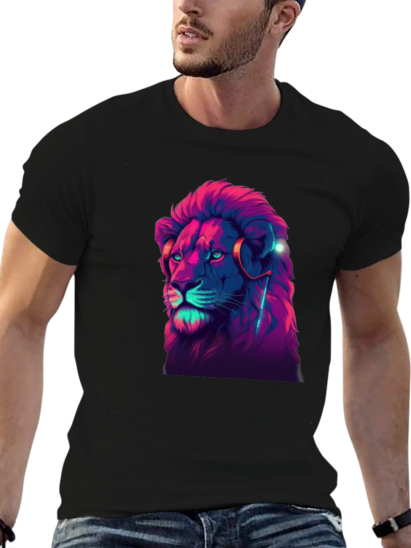 Black Neon Lion Graphic Black T-Shirt view 6