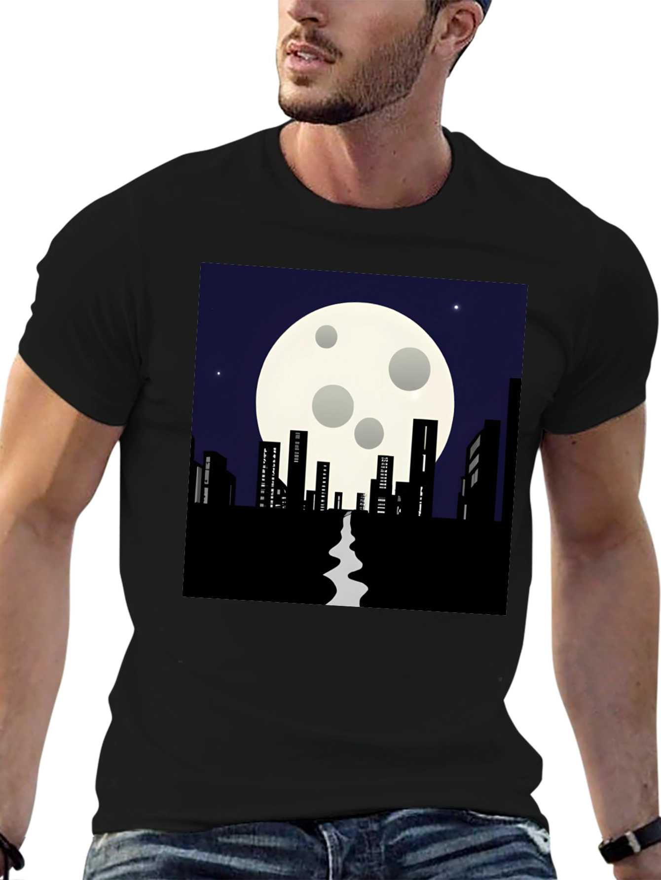 Black Night Cityscape T-Shirt: Moonlit Silhouette Tee view 6