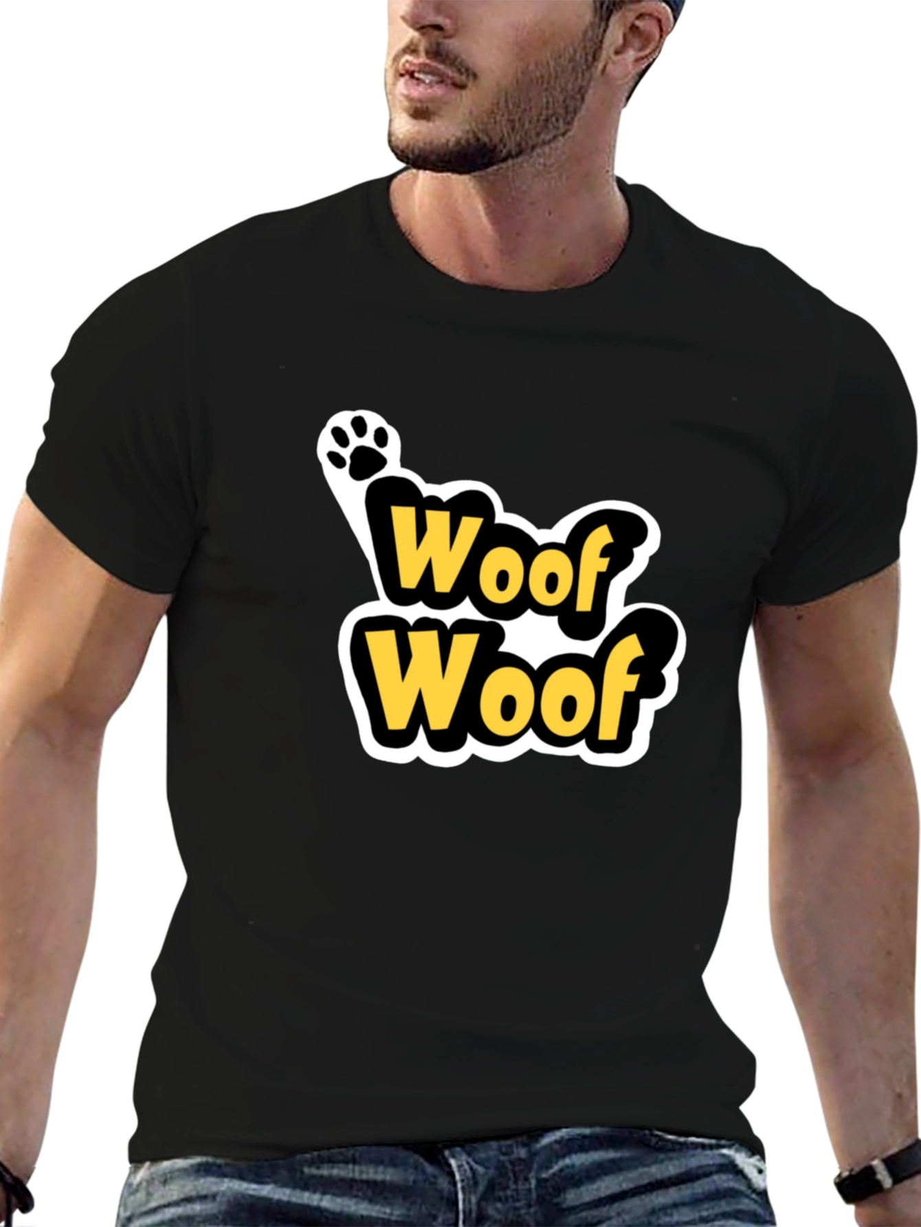Black Woof Woof Dog Paw Print T-Shirt - Black view 6