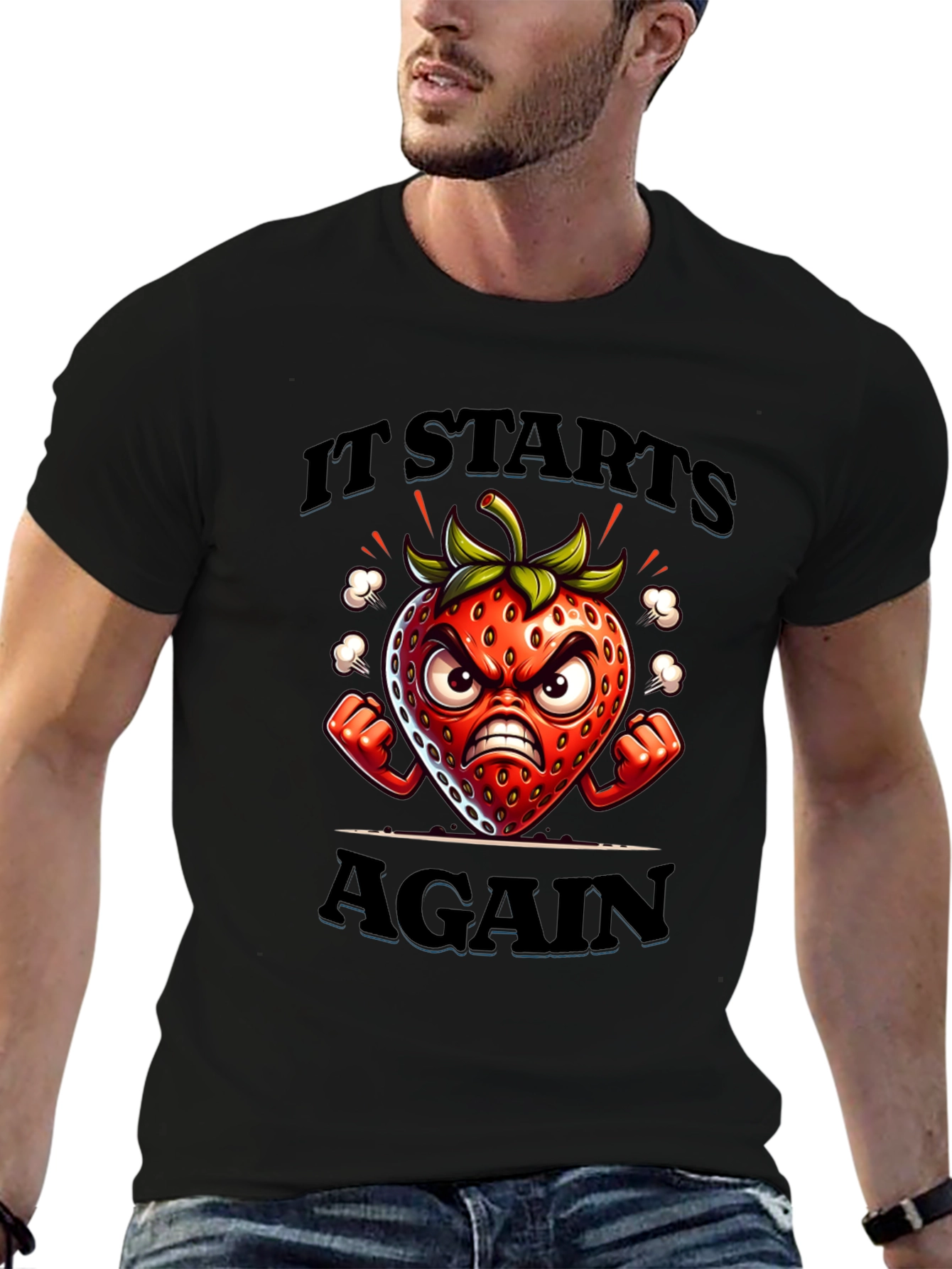 Black Angry Strawberry Cartoon Graphic T-Shirt view 6