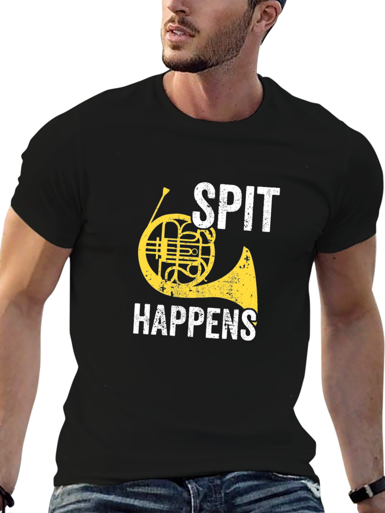 Black Spit Happens French Horn Graphic Tee view 6