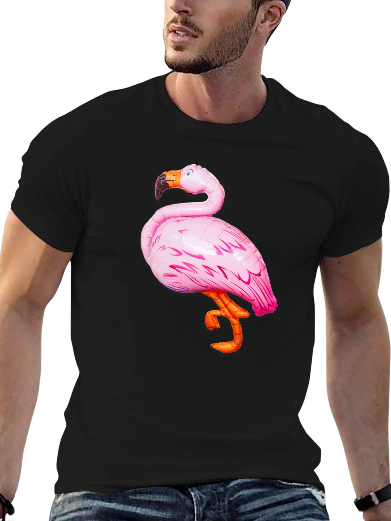 Black Men's Black T-Shirt with Pink Flamingo Graphic view 6