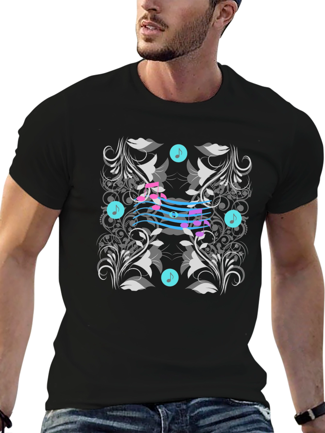 Black Musical Note Floral T-Shirt: Stylish and Unique Design view 6