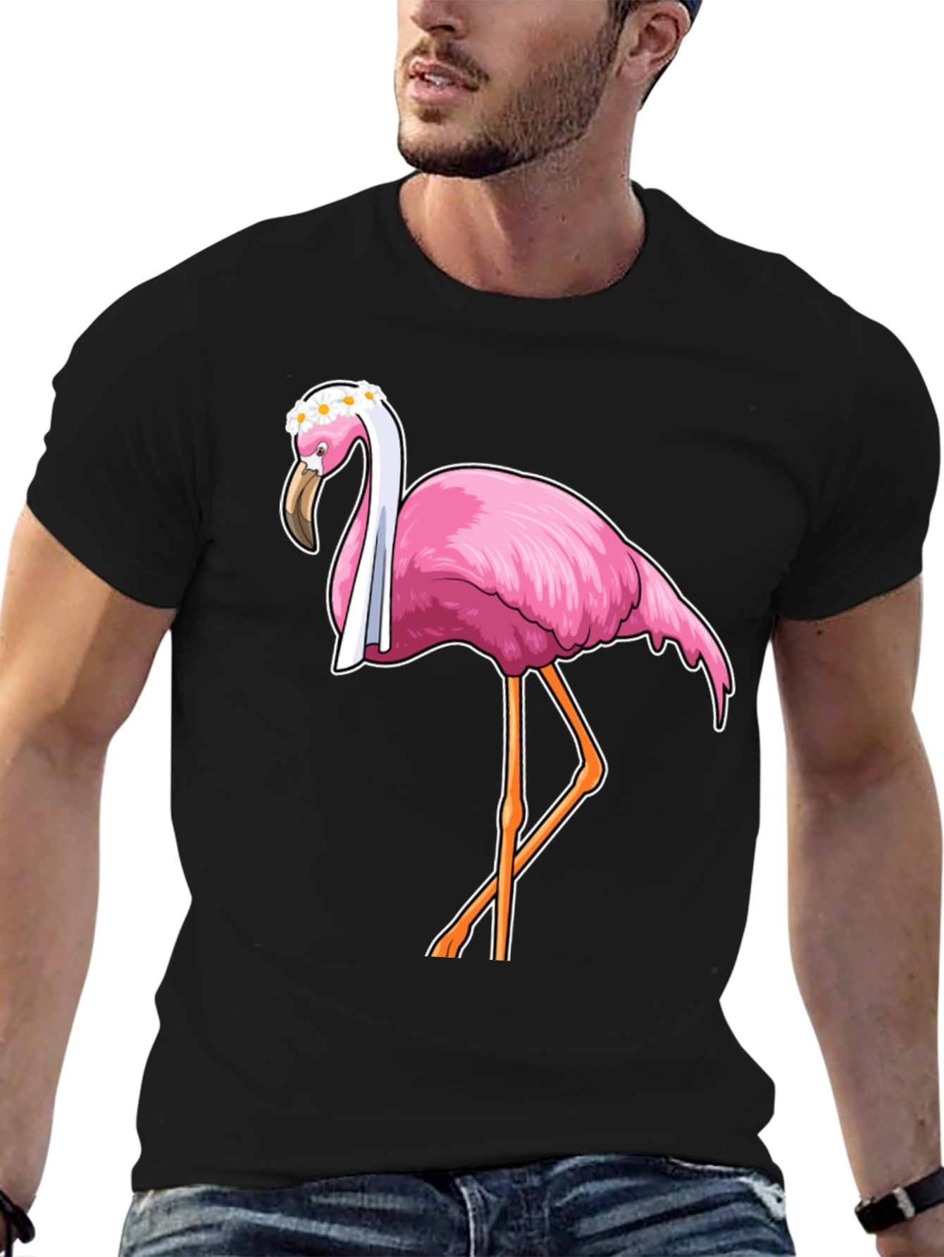 Black Funny Flamingo T-Shirt with Floral Crown view 6