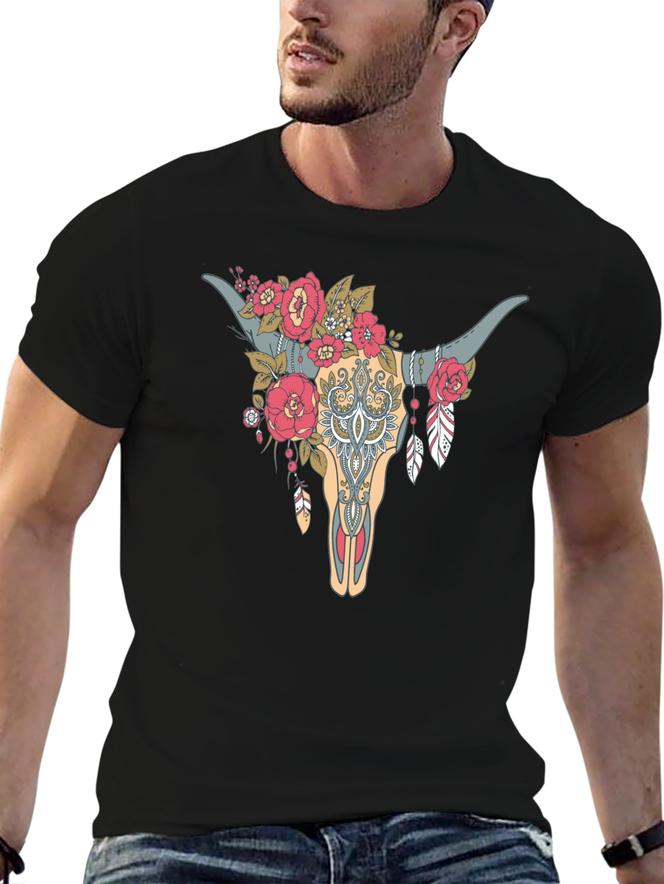 Black Floral Bull Skull Graphic Tee - Western Style view 6