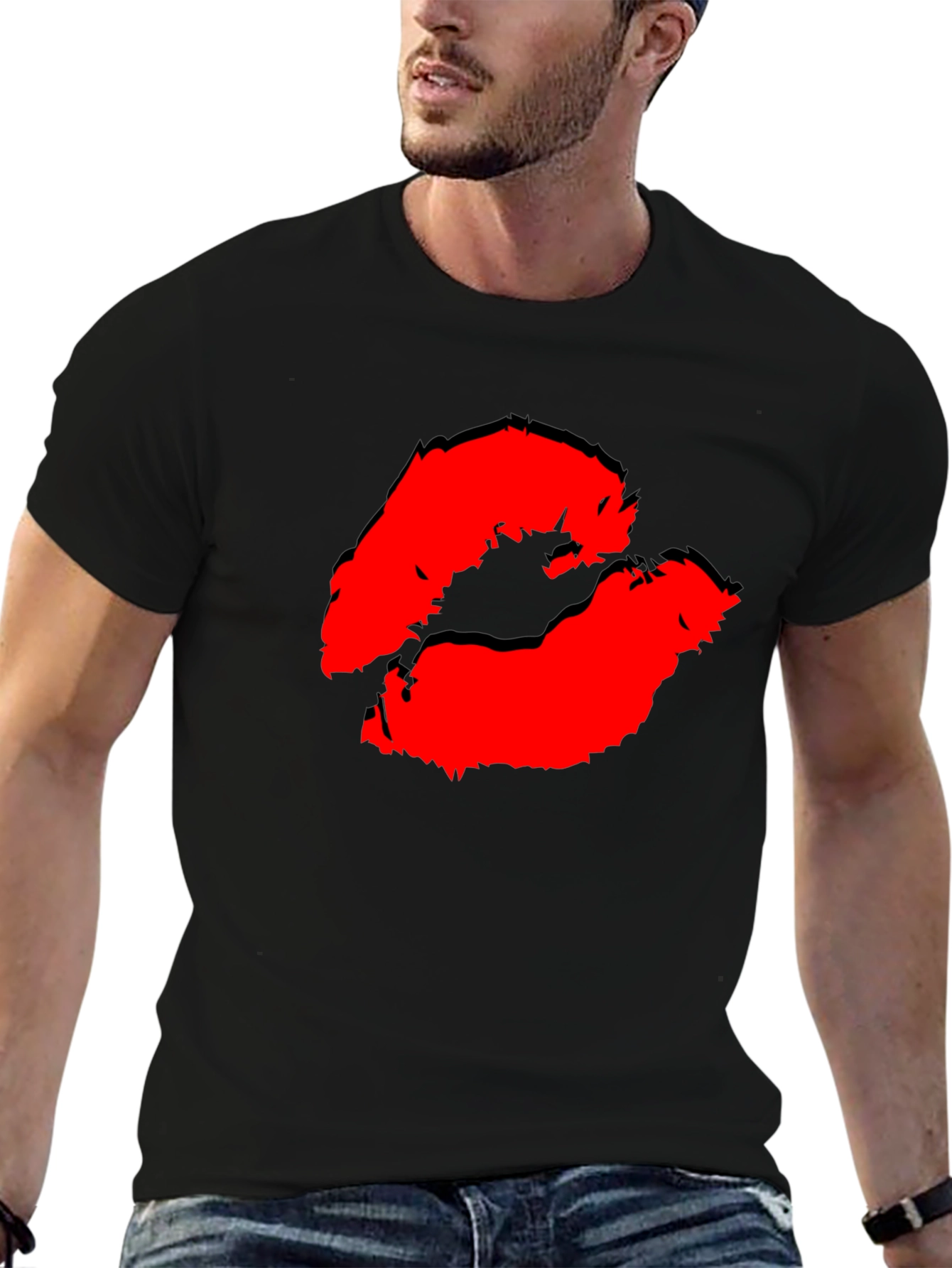 Black Red Lips Kiss Print Black Casual T-Shirt view 6