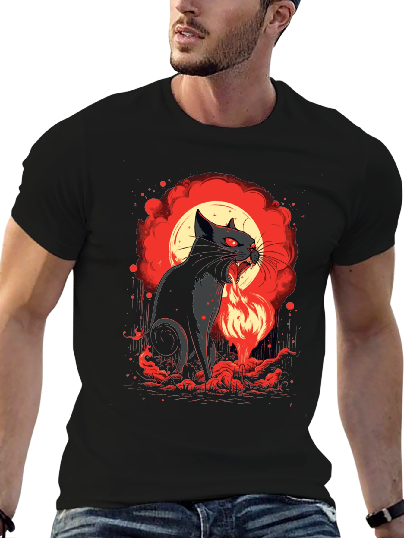 Black Fiery Feline T-Shirt - Black Cat Design view 6
