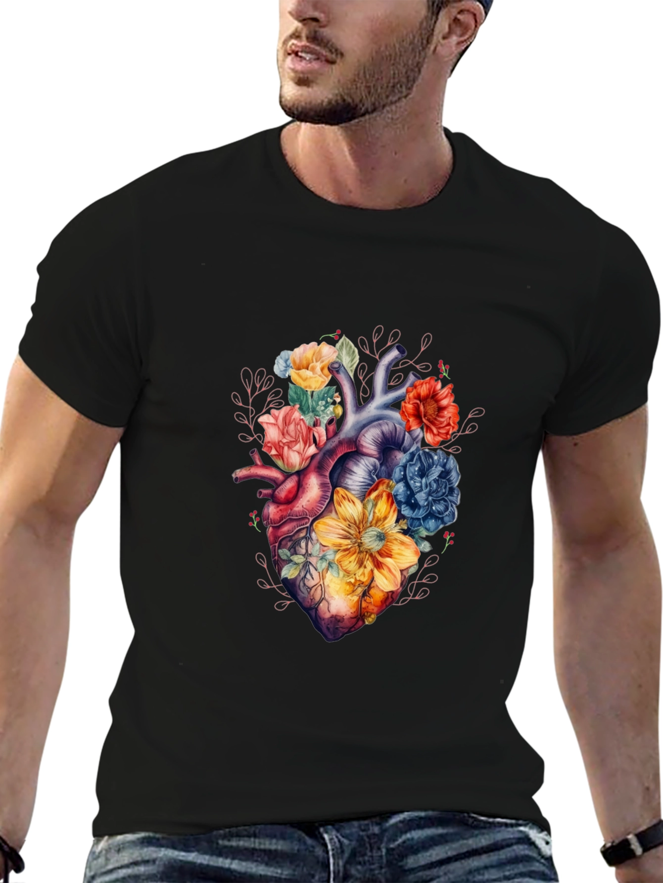 Black Floral Heart Graphic Tee - Black view 6