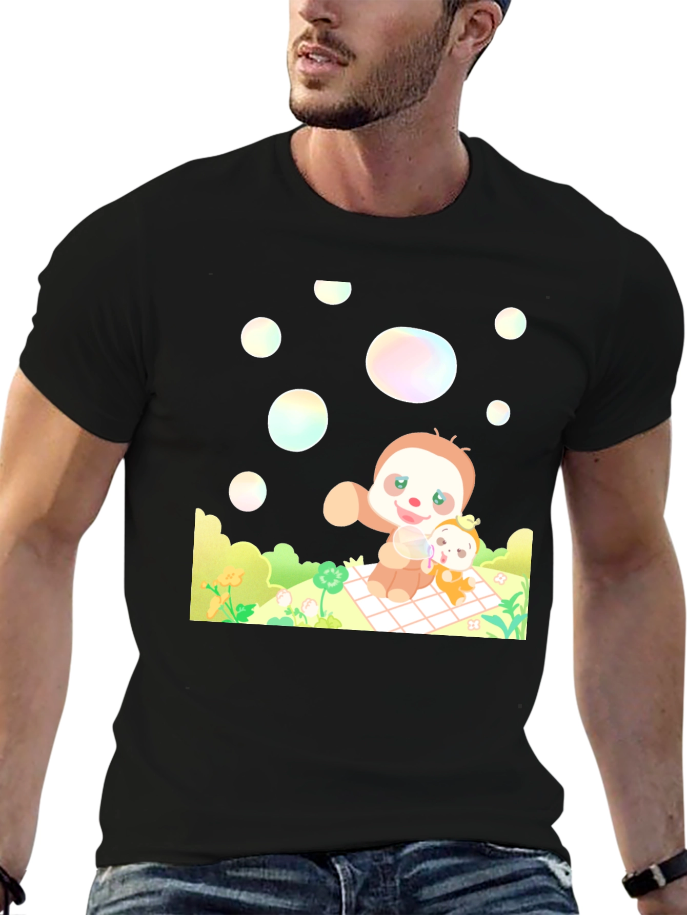 Black Cute Sloth Picnic Black T-Shirt view 6