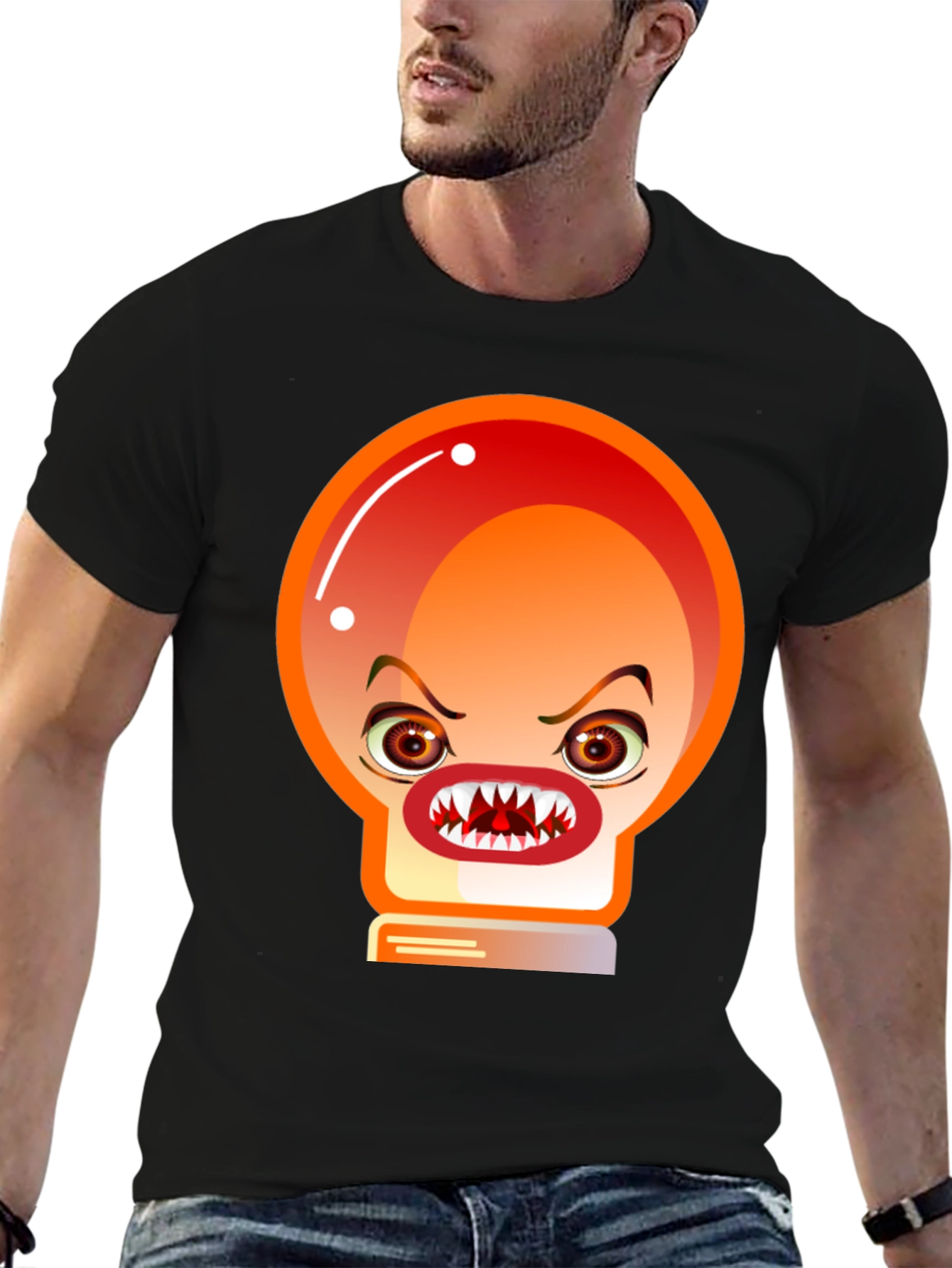 Black Men's Black T-Shirt with Angry Light Bulb Design view 6