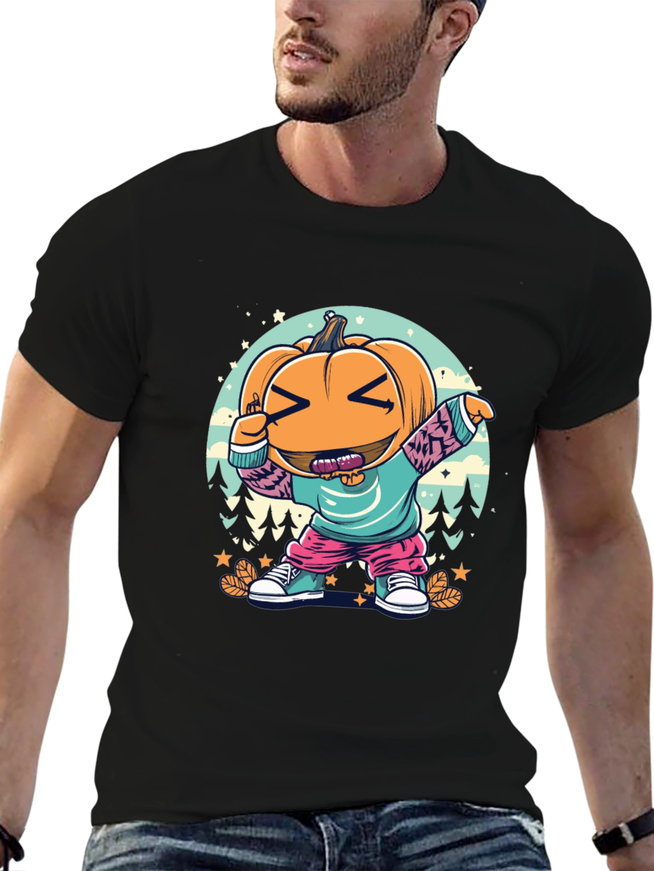 Black Dabbing Pumpkin Cartoon T-Shirt - Halloween Style view 6