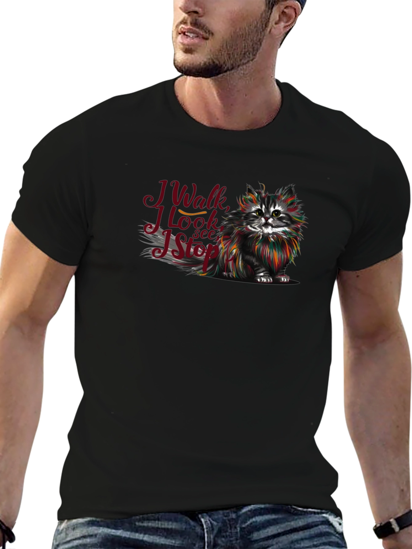 Black Cat Lover T-Shirt - I Walk I Look I See I Stop view 6