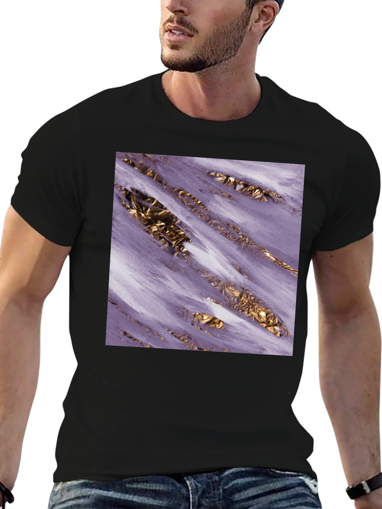 Black Abstract Gold & Purple Graphic Tee view 6