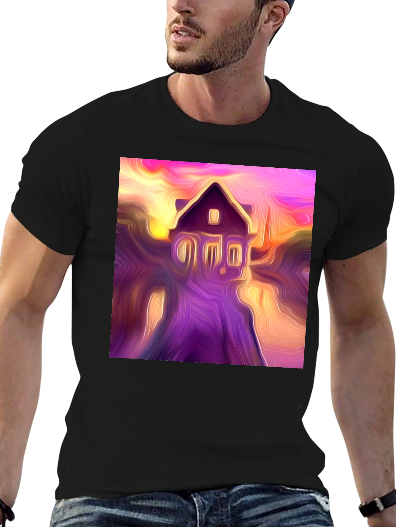 Black Abstract House Graphic Tee - Soft Black Cotton Shirt view 6