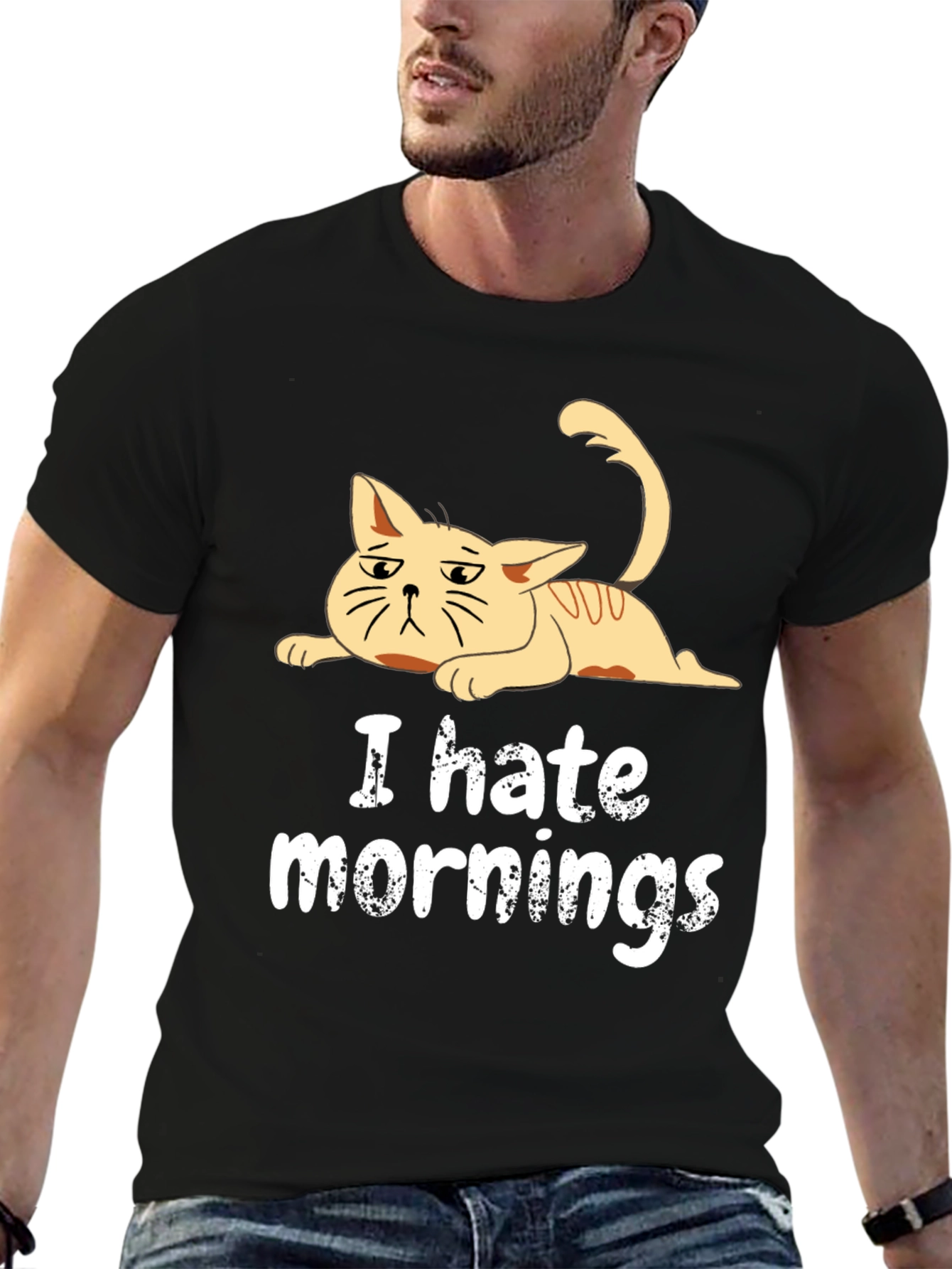 Black I Hate Mornings Cat T-Shirt - Black Cotton Tee view 6