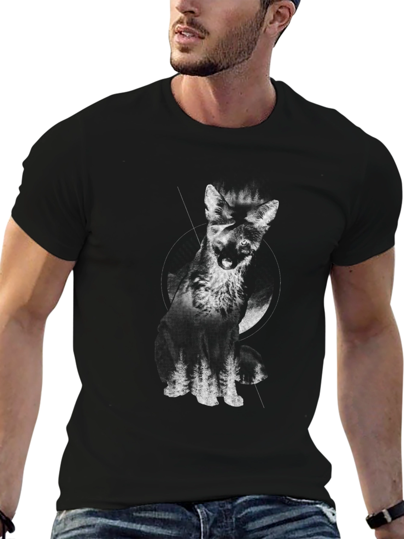 Black Monochrome Wolf Graphic Tee - Stylish Black T-Shirt view 6