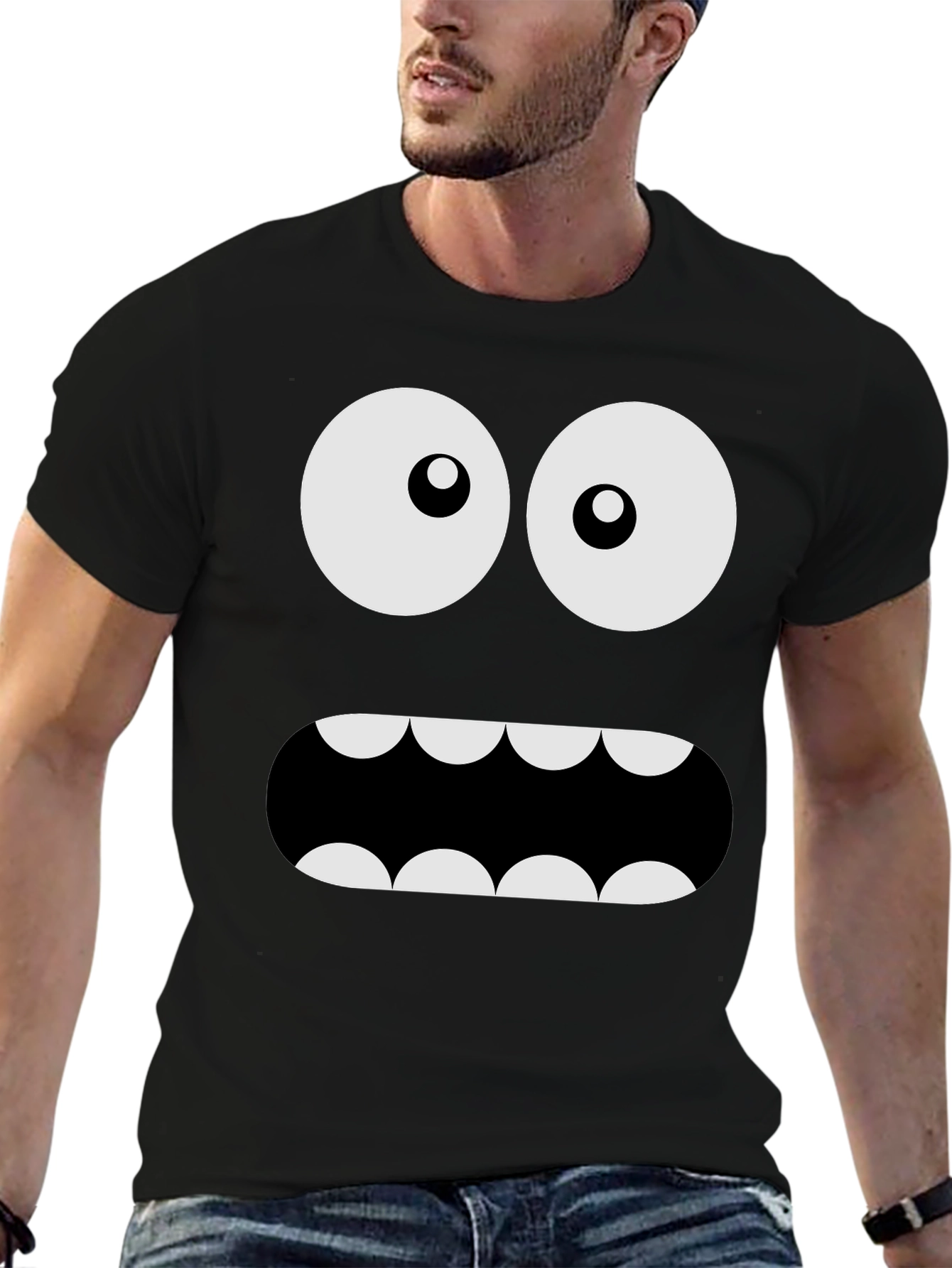 Black Funny Monster Face Graphic Tee - Black Crew Neck T-Shirt view 6