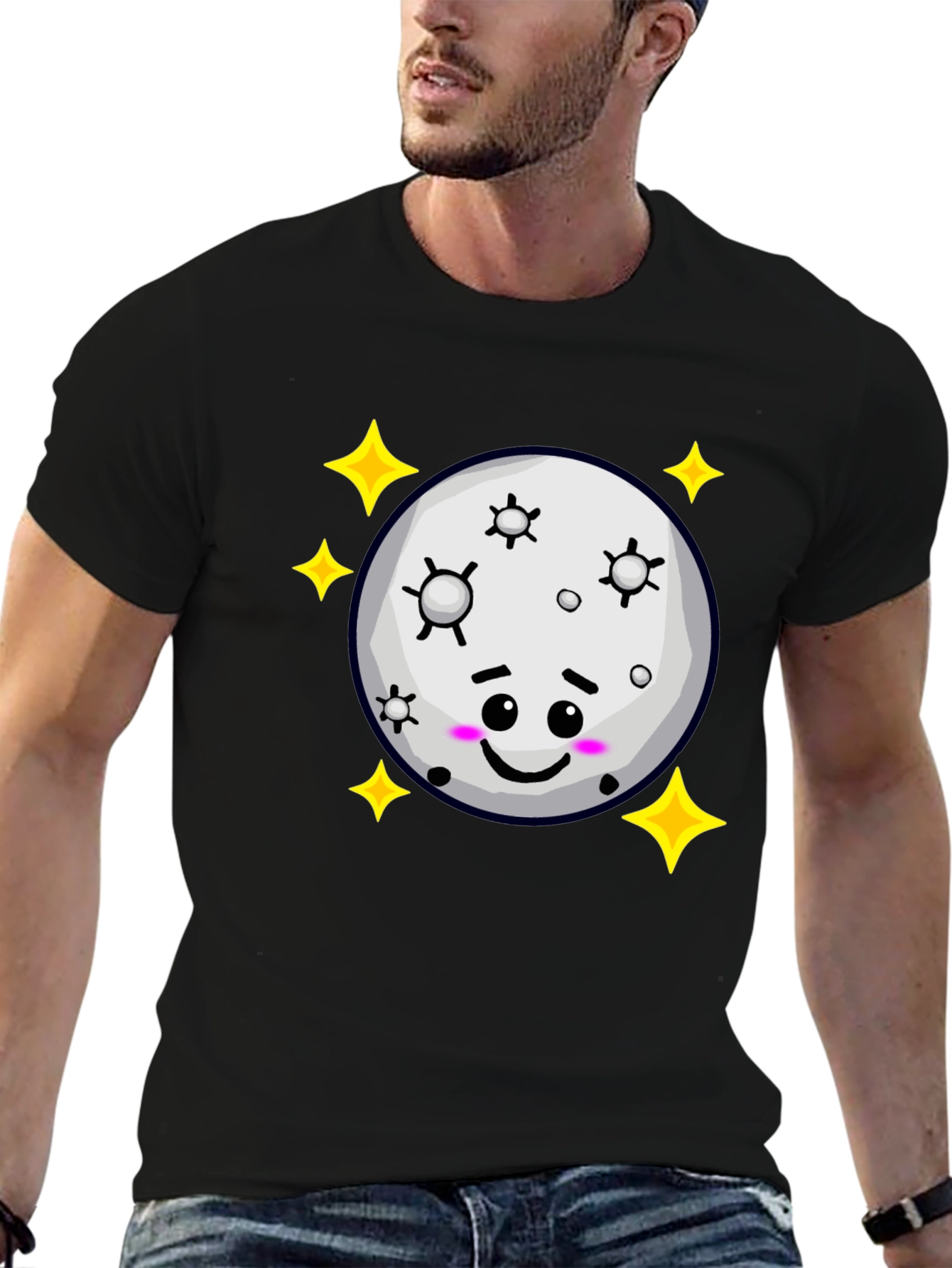 Black Cute Moon & Stars Black T-Shirt - Adorable Kawaii Design view 6