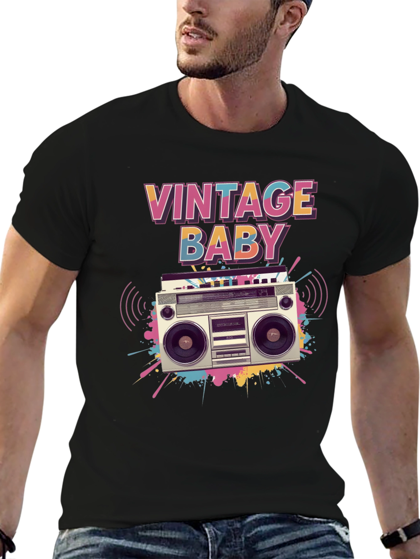 Black Vintage Baby Graphic Tee - Retro Boombox Design view 6