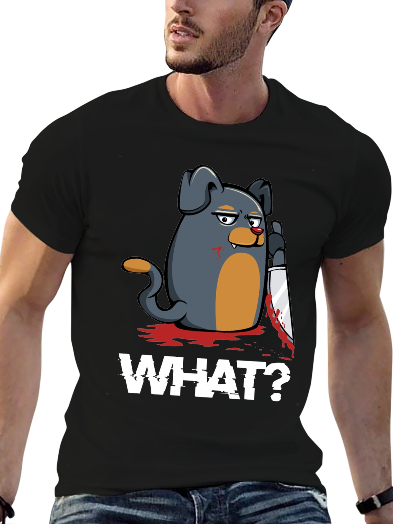 Black Men's 'What?' Dog with Knife Graphic T-Shirt view 6