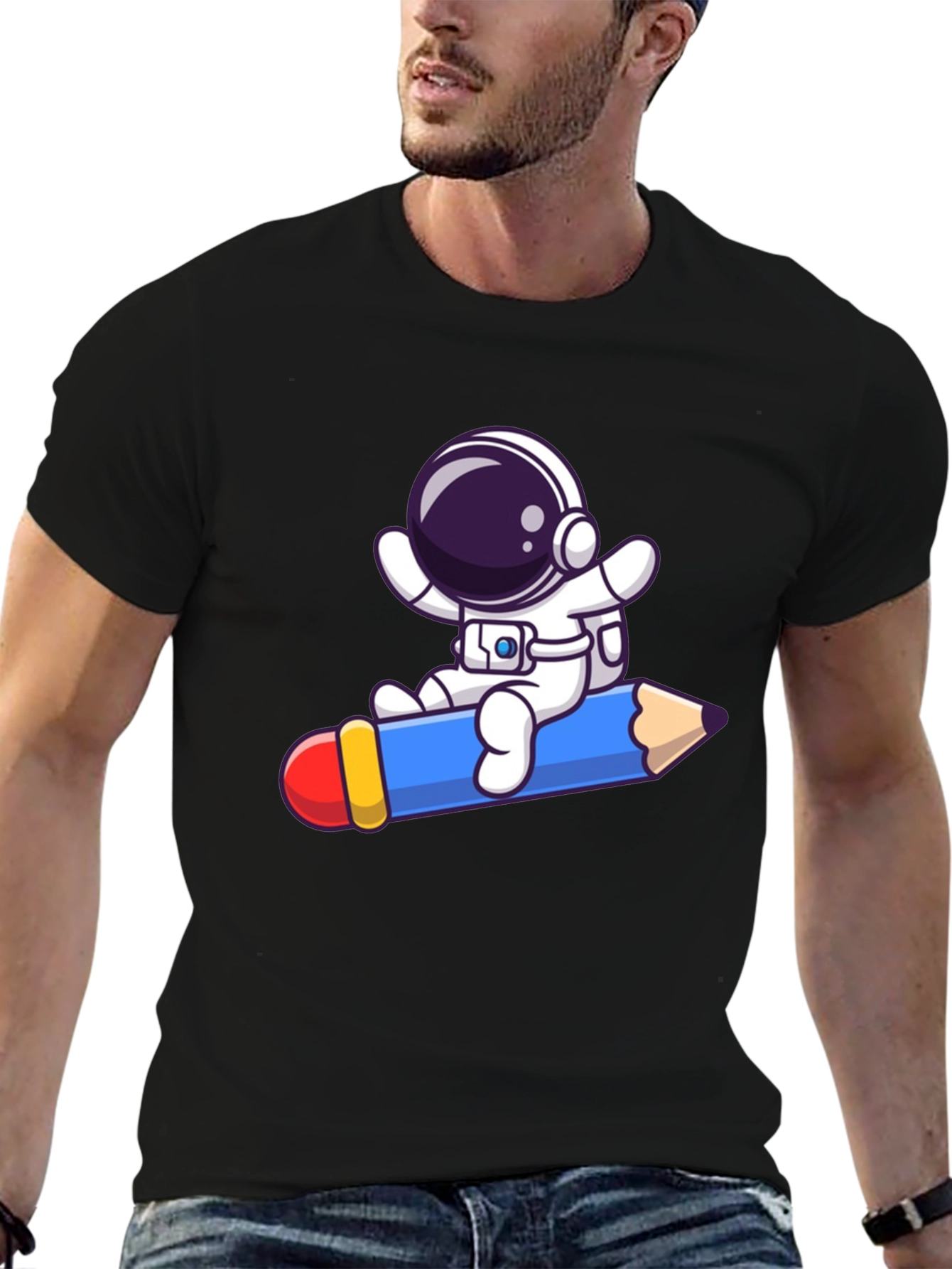 Black Astronaut Pencil Ride T-Shirt - Black Cotton Graphic Tee view 6