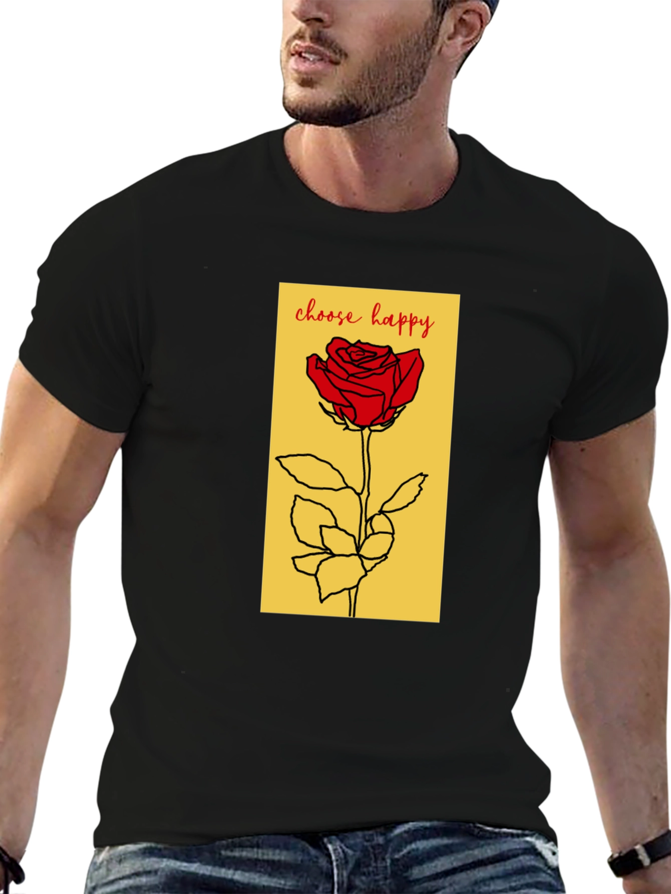 Black Choose Happy Rose Graphic Tee - Soft Black Cotton T-Shirt view 6