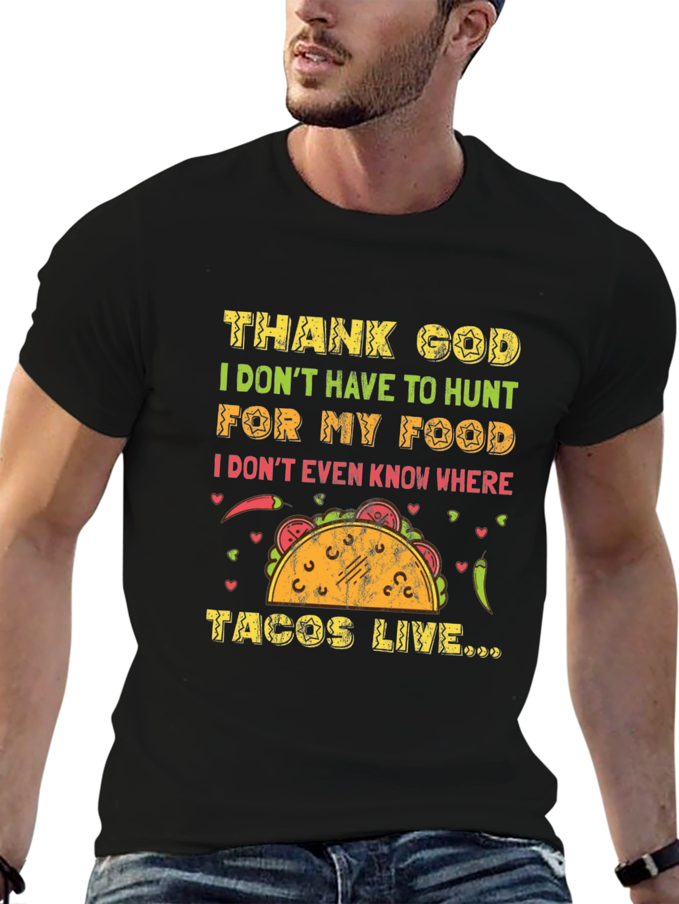 Black Funny Taco T-Shirt - Thank God I Don't Hunt for My Food Tee view 6
