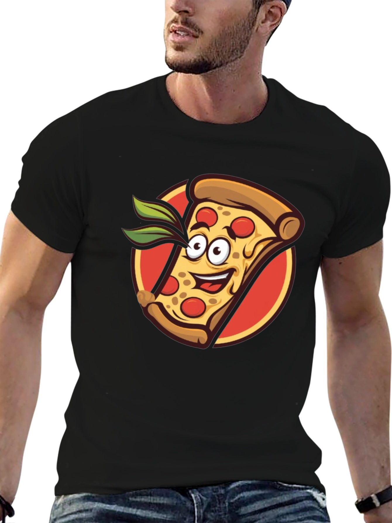 Black Pizza Slice Graphic Tee - Funny Cartoon Style view 6