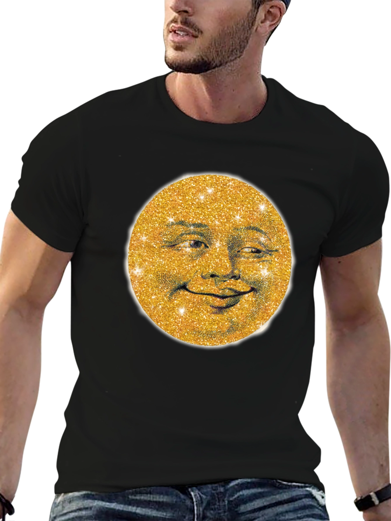 Black Golden Moon Face Graphic Tee - Stylish & Unique view 6
