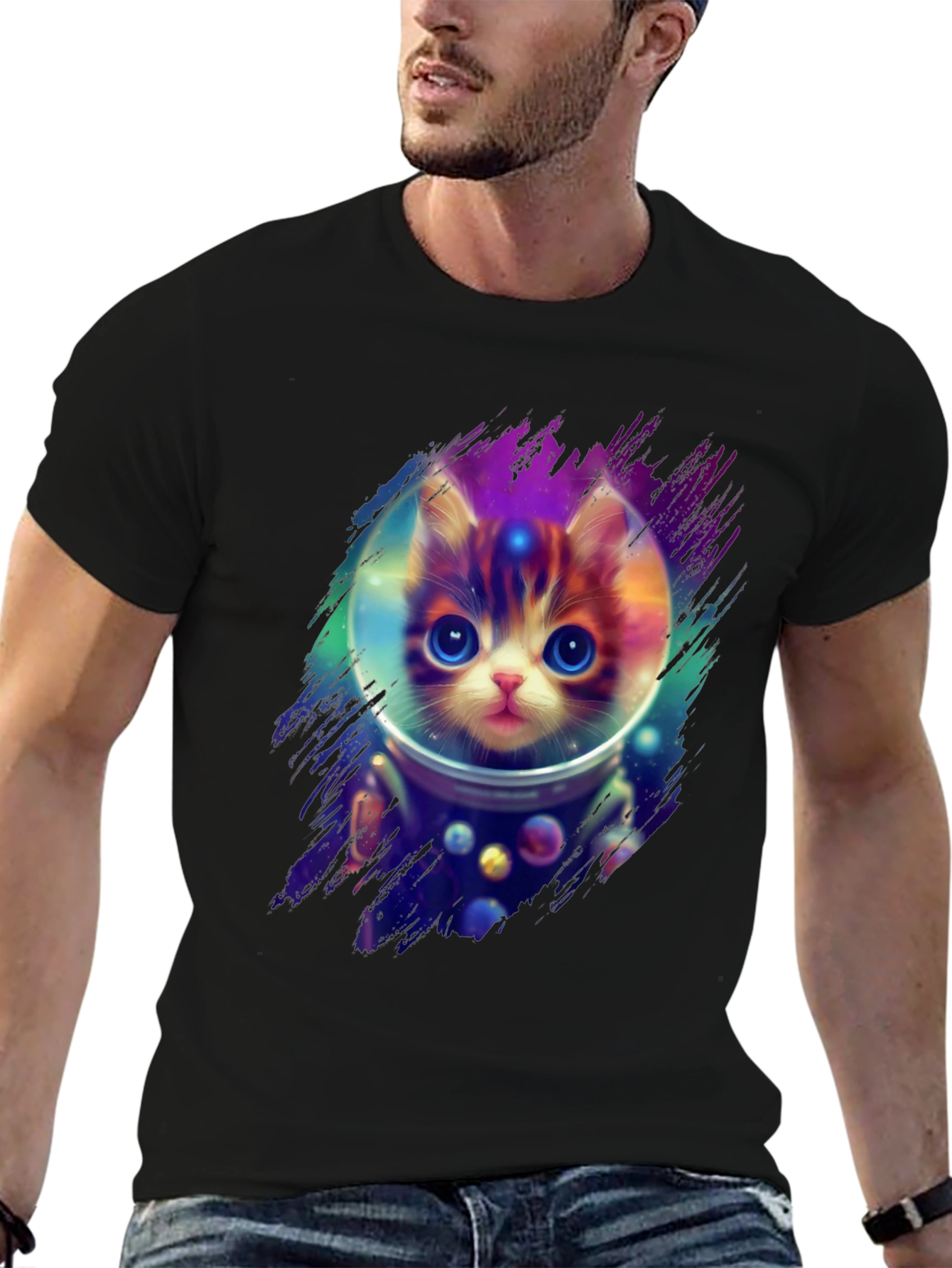 Black Astronaut Cat T-Shirt - Space Kitten Tee view 6