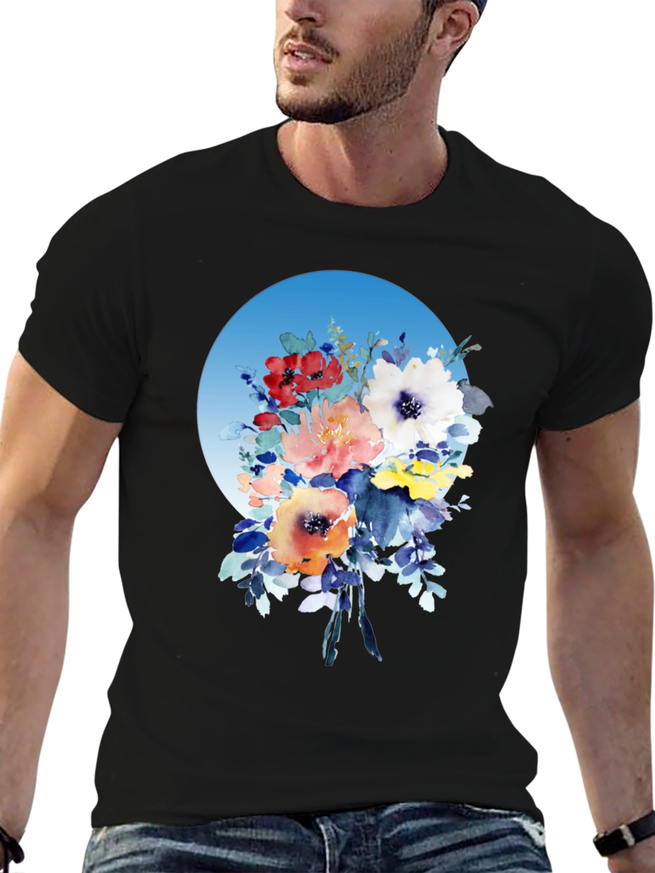 Black Floral Bouquet T-Shirt - Watercolor Design view 6