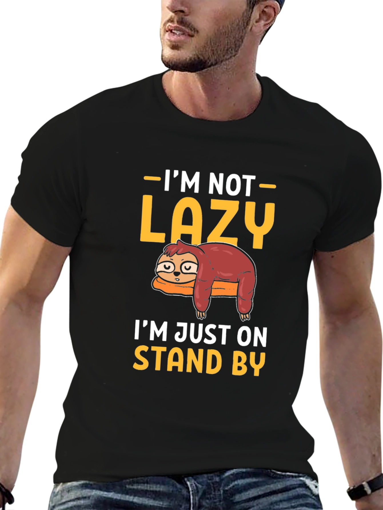 Black Funny Sloth Stand By T-Shirt view 6