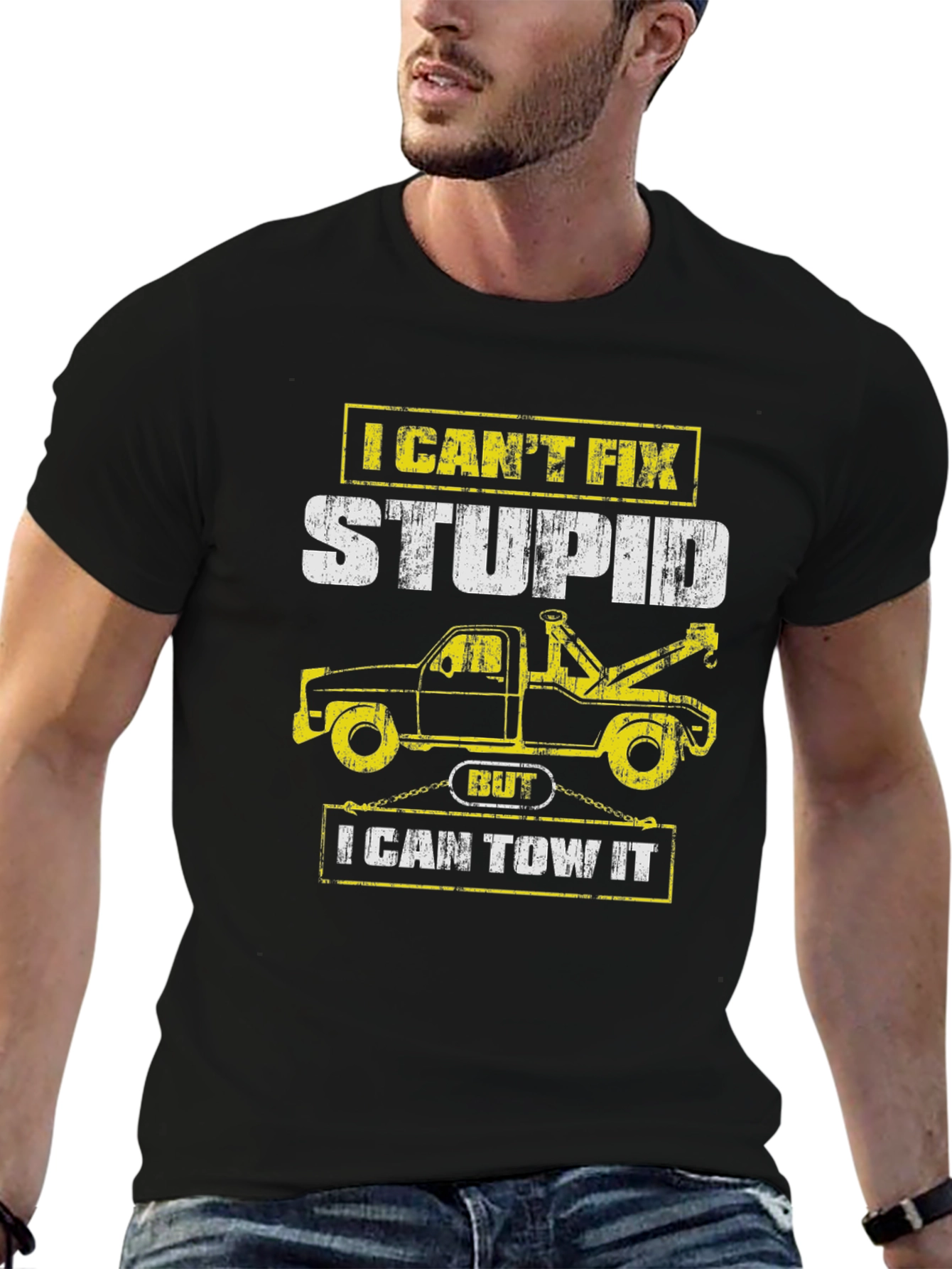 Black Funny Tow Truck Driver T-Shirt - I Can't Fix Stupid view 6