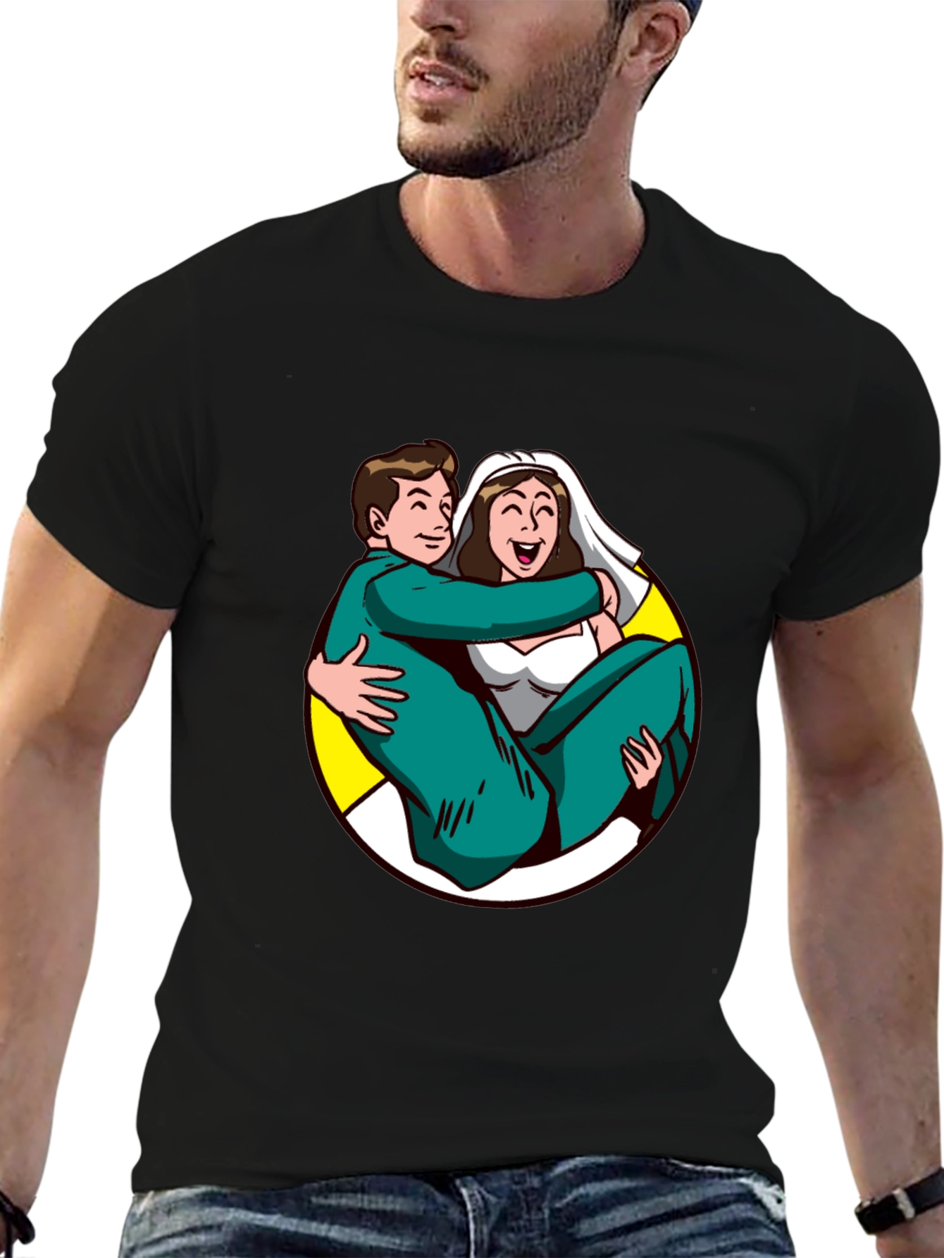 Black Cartoon Bride and Groom Black T-Shirt view 6