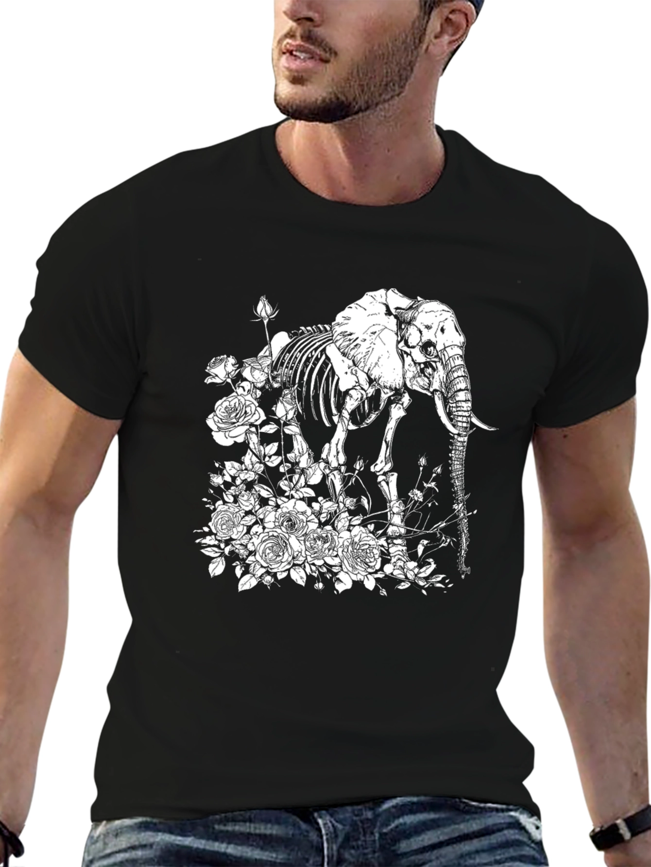 Black Elephant Skeleton & Roses Graphic Tee - Black Cotton T-Shirt view 6